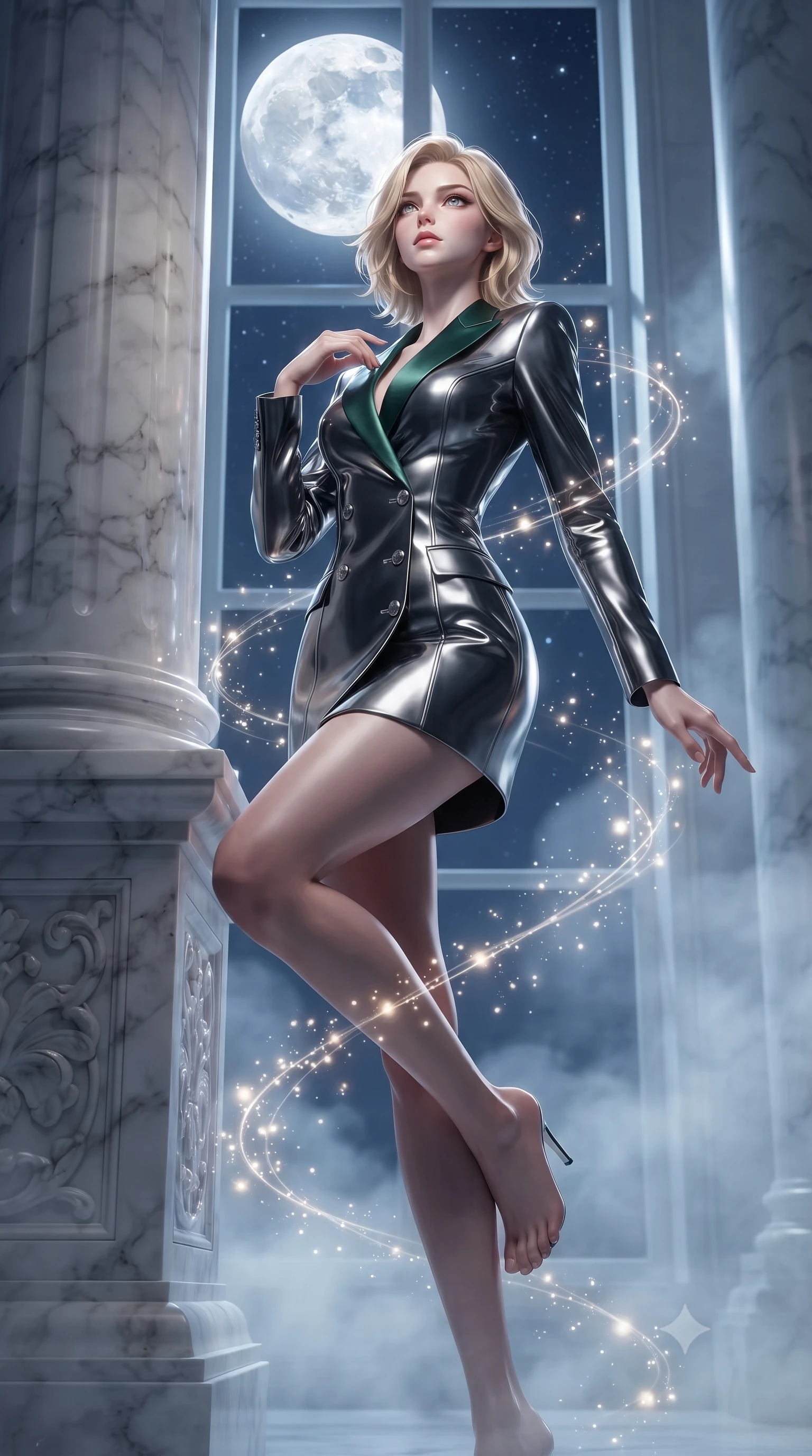 score_9, masterpiece, best quality, ultra-detailed, high-budget anime keyframe, editorial fashion photography, tasteful artistic composition, Caucasian woman. low angle full-body shot from head to toe showing her feet, filling the entire 9:16 vertical frame with her statuesque presence, stretching her vertical silhouette. interacting with glowing light particles, her long slender legs poised in motion, resting against a carved marble column looking up at a full moon through glass, alabaster columns framed by gentle water vapor in soft background focus. She has an absolutely perfect, statuesque 8.5-heads proportion, an exceptionally tall and slender model-like female figure with impossibly long slender legs and an ultra-slim waist. sharp v-shaped jawline, high-bridge nose, intricate jewel-like eyes with depth, thick eyelashes, glossy lips with a natural sheen. wearing tailored double-breasted obsidian blazer dress with silk lapels in deep emerald green, made of sculpted obsidian metallic chrome, finished with metallic silver boning and sleek zipper points, highlighting her statuesque proportions and ultra-slim waistline. surrounded by a serene moonlit aura with sharp silver rim lights. ultra-reflective glossy finish, specular highlights, metallic sheen, high-contrast stereoscopic depth, volumetric dynamic lighting, 2k, ultra detail, master piece, 9:16 ratio