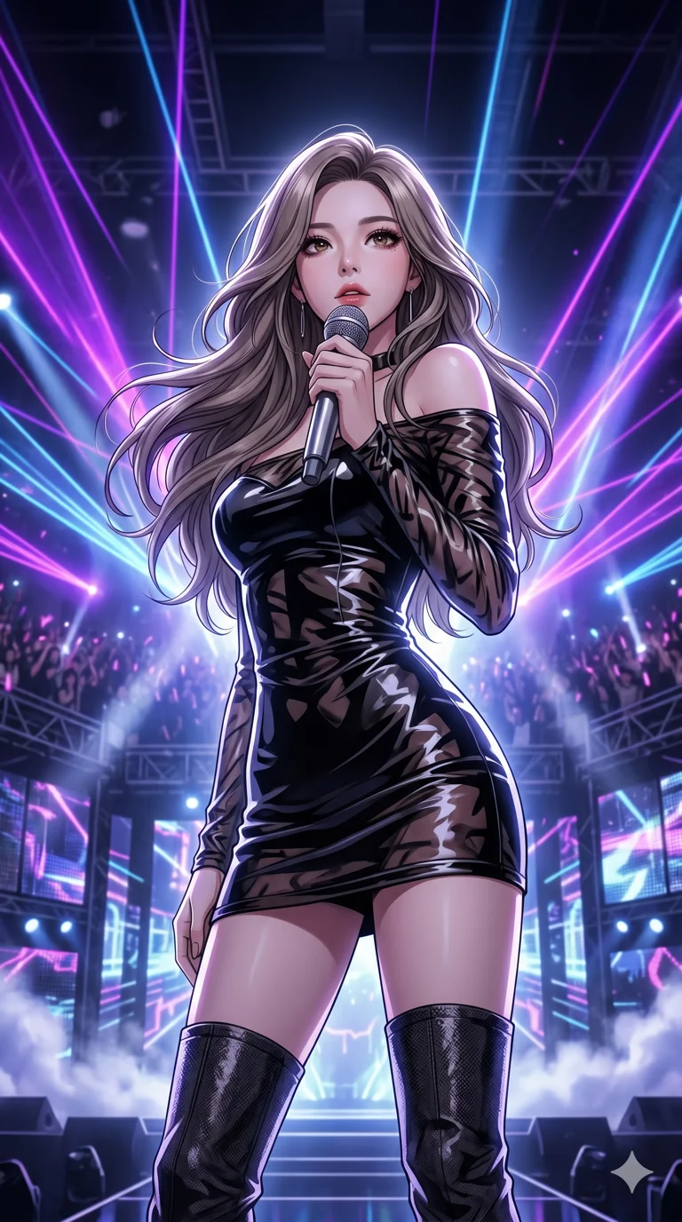 score_9, masterpiece, best quality, ultra-detailed, semi-realistic high-budget anime keyframe, an incredibly beautiful Korean woman. Low angle cowboy shot filling the frame. She has an absolutely perfect 8-heads proportion, an exceptionally tall female figure with a delicate skinny figure. Her face is a highly detailed masterpiece featuring a v-shaped jawline, high-bridge nose, intricate jewel-like eyes, thick eyelashes, and glossy lips. She has ash brown flowing hair. She is wearing a tight-fitting glossy translucent pop-star dress, sensual off-shoulder design, zettai ryouiki, highlighting her alluring silhouette. Massive concert stage, vivid laser lights, dramatic rim lighting, cinematic shadows, 2k, ultra detail, master piece, 9:16 ratio
