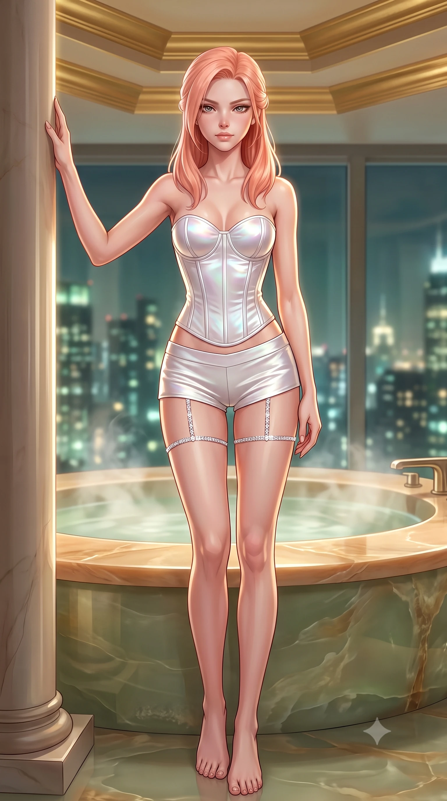 score_9, masterpiece, best quality, ultra-detailed, high-budget anime keyframe, semi-realistic 3D game render, editorial fashion photography, tasteful artistic composition, Japanese woman. low angle full-body shot from head to toe showing her feet, filling the entire 9:16 vertical frame with her statuesque presence, stretching her vertical silhouette. standing tall beside the architectural column, one hand resting high while arching her lower back to emphasize her sculpted feminine hips and slender waist while reclining inside the monumental sunken green onyx soaking tub, arching her spine with seductive indulgence against the warm polished stone rim. The background shows a soft-focus steaming water surface in sunken bath, stepped gold-leaf ceiling cornices, and glittering city skyline outside blurred into jade, honey, and charcoal bokeh. She has an absolutely perfect, statuesque 8.5-heads proportion, an exceptionally tall and slender model-like female figure with impossibly long slender legs, an ultra-slim waist, a flat toned midriff, narrow delicate ribcage, and beautifully sculpted feminine hips creating a graceful, slim hourglass silhouette without any bulky heaviness. sharp v-shaped jawline, high-bridge nose, sparkling eyes with hypnotic seductive depth, thick curled eyelashes, glossy parted lips with a natural dewy peach sheen, alluring bedroom-eyes with an enchanting coquettish smile, exuding magnetic siren charisma and sophisticated glamour, flawlessly proportioned anatomical accuracy, strict slender model proportions, natural body alignment, perfectly sculpted long slender limbs, ultra-slim waistline, clean dynamic posture without body distortion. wearing a strapless boned satin corset bodice paired with low-waisted tailored satin hot-pants in pure alabaster with iridescent mother-of-pearl sheen, crafted from fluid liquid silk satin that clings smoothly to every curve with a dewy sheen, finished with delicate crystal-encrusted thigh garter straps glinting in the dim light, the glove-like clinging cut tightly following the natural contour of her hips and long slender legs with youthful 8.5-heads elegance. illuminated by polished stone reflection fill and sharp champagne-gold rim lights sculpting her jawline, narrow waist, and curvy hips. highly saturated vibrant anime colors, detailed shading with soft gradients, rich glossy textures, high-contrast stereoscopic depth, volumetric dynamic lighting, master piece, 9:16 ratio