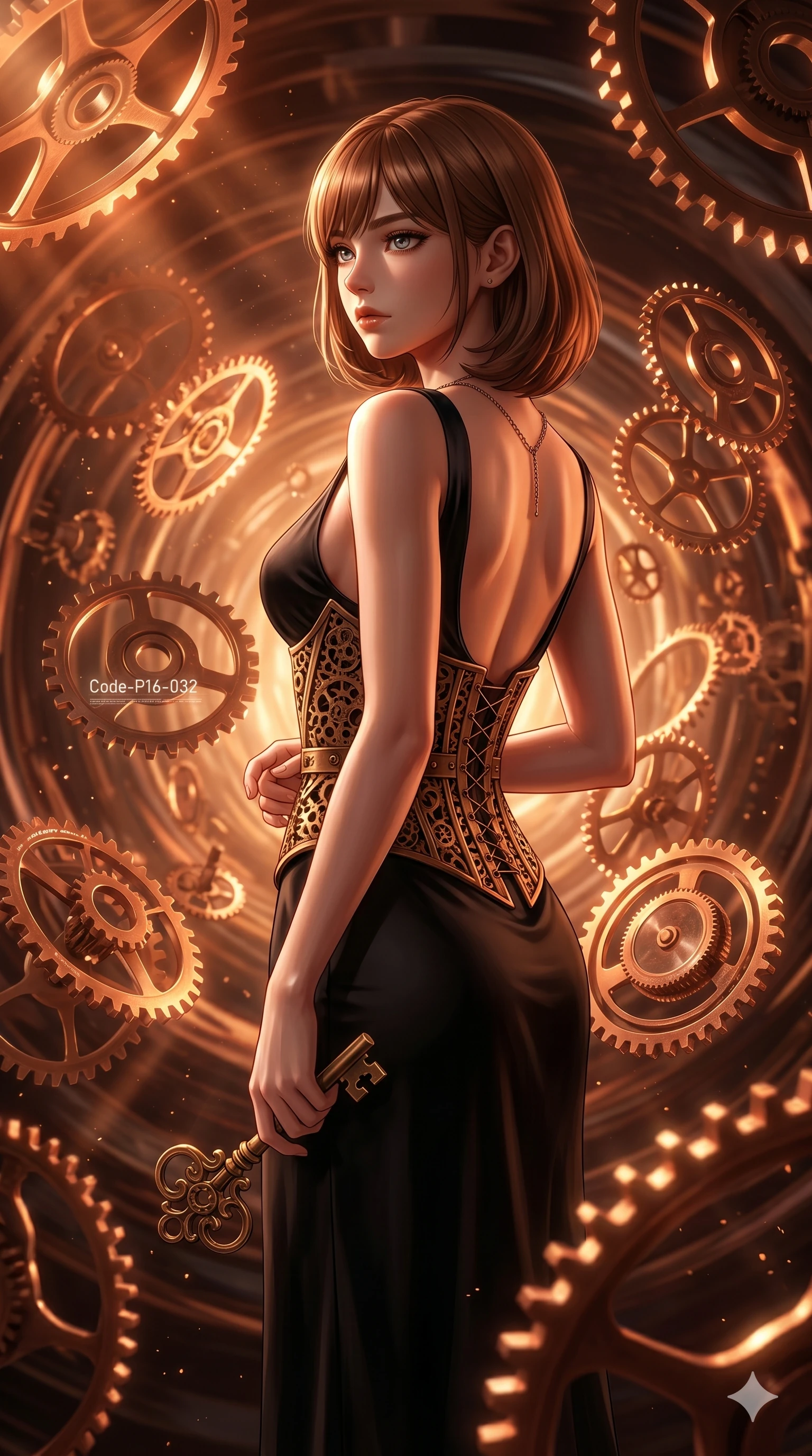 score_9, masterpiece, best quality, ultra-detailed, high-budget anime keyframe, editorial fashion photography, tasteful artistic composition, Caucasian woman, strictly human ears. cowboy shot from the thighs up, character and outfit filling the frame for maximum editorial presence. holding a vintage clockwork key, looking past the camera with a thoughtful, focused expression inside a temporal rift corridor with floating clockwork gears (Code-P16-032). She has an absolutely perfect 8-heads proportion, an exceptionally tall and slender female figure with impossibly long slender legs and an ultra-slim waist. V-shaped jawline, high-bridge nose, intricate jewel-like eyes with depth, thick eyelashes, glossy lips with a natural sheen. wearing a structured bronze gear corset over a black silk dress with a scooped open back. amber and copper light rays refracting through the gears, creating deep dramatic shadows. 2k, ultra detail, master piece, 9:16 ratio