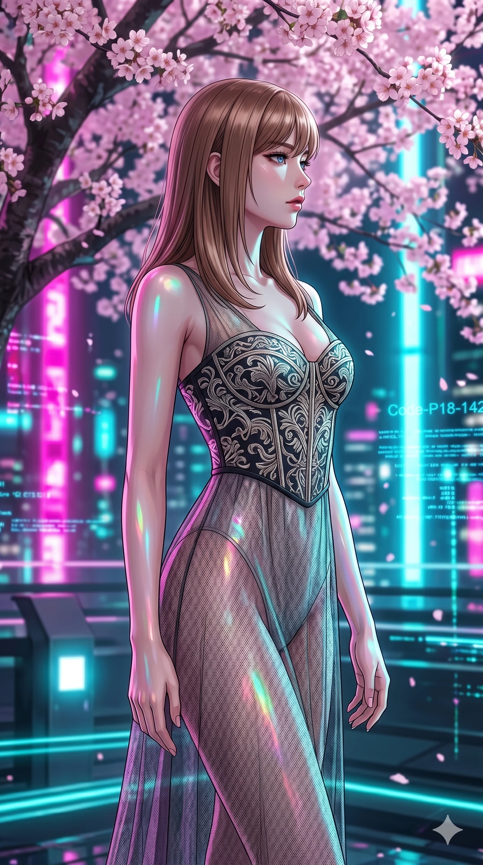 score_9, masterpiece, best quality, ultra-detailed, high-budget anime keyframe, editorial fashion photography, tasteful artistic composition, Korean woman. cowboy shot from the thighs up, character and outfit filling the frame for maximum editorial presence. standing proud, her face turned in sharp profile, casting a mysterious gaze standing under a blooming cherry tree in a modern cybernetic garden (Code-P18-142). She has an absolutely perfect 8-heads proportion, an exceptionally tall and slender female figure with impossibly long slender legs and an ultra-slim waist. V-shaped jawline, high-bridge nose, intricate jewel-like eyes with depth, thick eyelashes, glossy lips with a natural sheen. wearing a dark patterned embroidery structured bodice over a translucent mesh slip dress. vibrant magenta and cyan city lights casting colorful specular highlights on her skin. 2k, ultra detail, master piece, 9:16 ratio