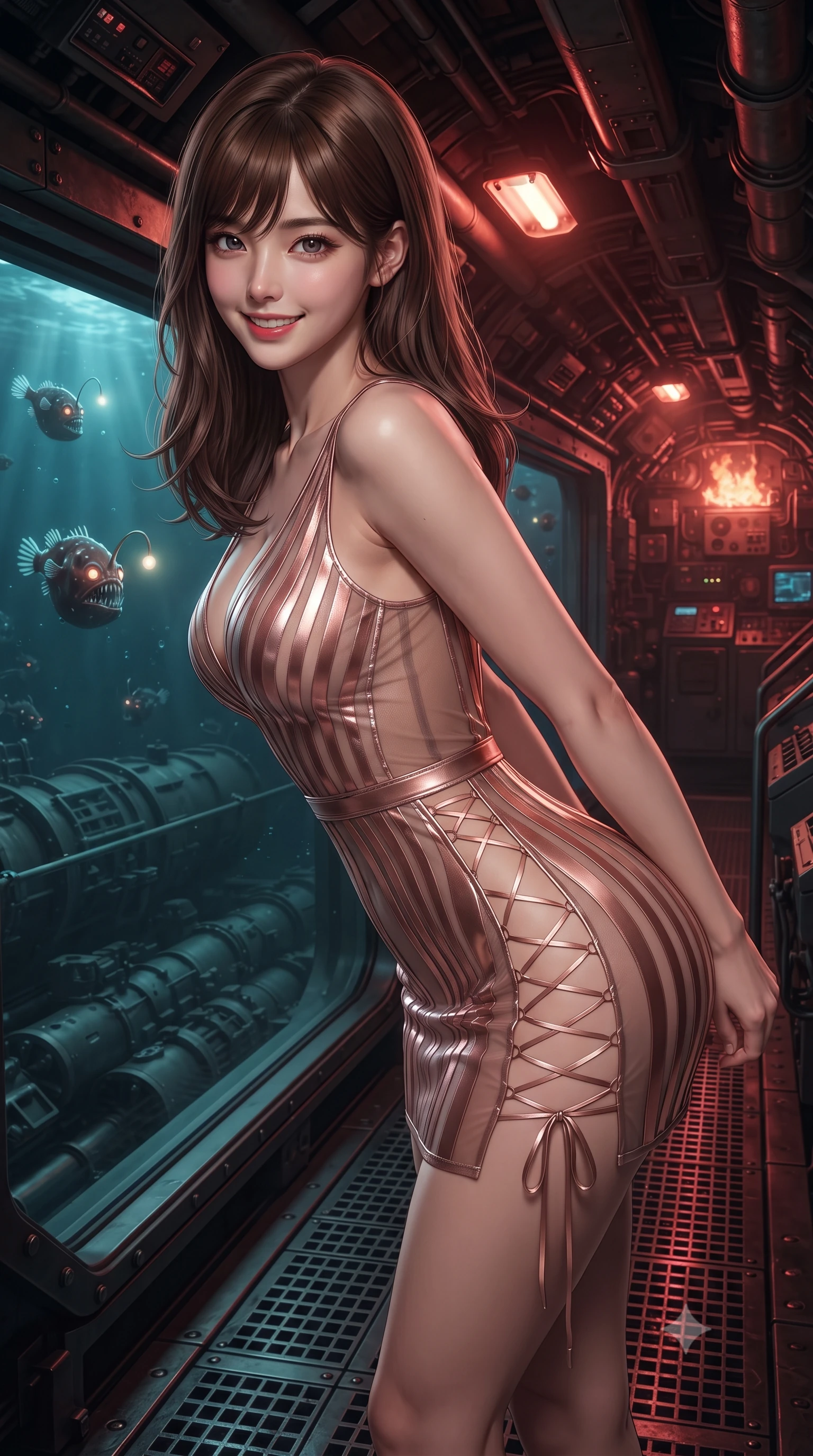 score_9, masterpiece, best quality, ultra-detailed, high-budget anime keyframe, editorial fashion photography, tasteful artistic composition, Korean woman. close-up cowboy shot from the waist and thighs up, the character dominates the composition, filling the frame with her large presence. leaning forward while arching her lower back to accentuate her curvy hips, looking into the camera with an intoxicating smoldering gaze and bedroom-eyes while standing poised on the grated steel catwalk above flooded torpedo launch tubes, arching her spine with mysterious siren elegance as deep-sea anglerfish glow through the thick glass. The surrounding environment is rendered in vivid detail and crisp panoramic clarity: detailed tactical wetsuit texture, liquid latex sheen, and military naval submarine craft in razor-sharp precision. She has an exceptionally elegant, slender, and willowy female figure with an ultra-slim waist, flat toned midriff, narrow ribcage, and sculpted feminine hips creating an alluring, slim hourglass silhouette without bulk. sharp v-shaped jawline, high-bridge nose, intricate jewel-like sparkling eyes with depth, thick eyelashes, glossy parted lips with a natural peach sheen, bright cheerful beaming smile with an enchanting and coquettish sensual glint, exuding both youthful cute charm and seductive allure, flawlessly proportioned anatomical accuracy, strict slender model proportions, natural body alignment, perfectly sculpted long slender limbs, ultra-slim waistline, clean dynamic posture without body distortion. wearing a plunge-front sheer illusion tulle combat slip dress with liquid platinum ribbon stripes hugging her curves in high-gloss rose-gold and burnished copper, featuring strategic sheer-illusion tulle side panels framing her ribcage and hips, featuring fine criss-cross lace-up side ties revealing tantalizing glimpses of her hip curve, the bespoke structured tailoring following the natural line of her 8.5-heads silhouette with refined elegance. bathed in moody 660nm deep red tactical battle stations lighting mixed with golden geothermal exterior fires. ultra-reflective glossy finish, specular highlights, rich textural contrasts, high-contrast stereoscopic depth, volumetric dynamic lighting, 2k, ultra detail, master piece, 9:16 ratio