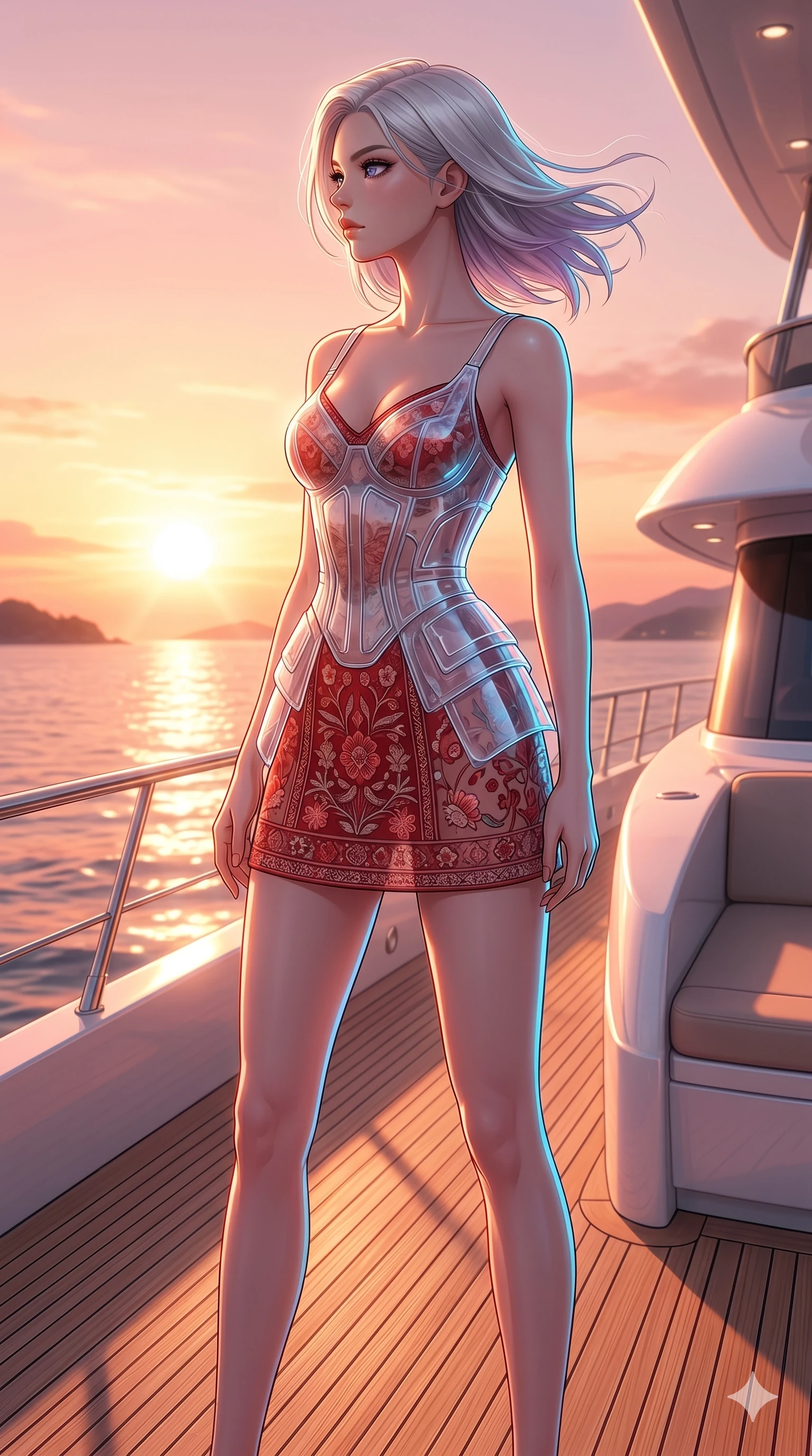 score_9, masterpiece, best quality, ultra-detailed, high-budget anime keyframe, editorial fashion photography, tasteful artistic composition, Caucasian woman, strictly human ears. cowboy shot from the thighs up, character and outfit filling the frame for maximum editorial presence. standing tall, her face turned in profile to catch the wind on a yacht deck at sunset (Code-P17-175). She has an absolutely perfect 8-heads proportion, an exceptionally tall and slender female figure with impossibly long slender legs and an ultra-slim waist. V-shaped jawline, high-bridge nose, intricate jewel-like eyes with depth, thick eyelashes, glossy lips with a natural sheen. wearing a translucent polymer structured bodice over a red patterned embroidery slip dress. bright cinematic volumetric lighting with a cool blue rim light tracing her contours. 2k, ultra detail, master piece, 9:16 ratio
