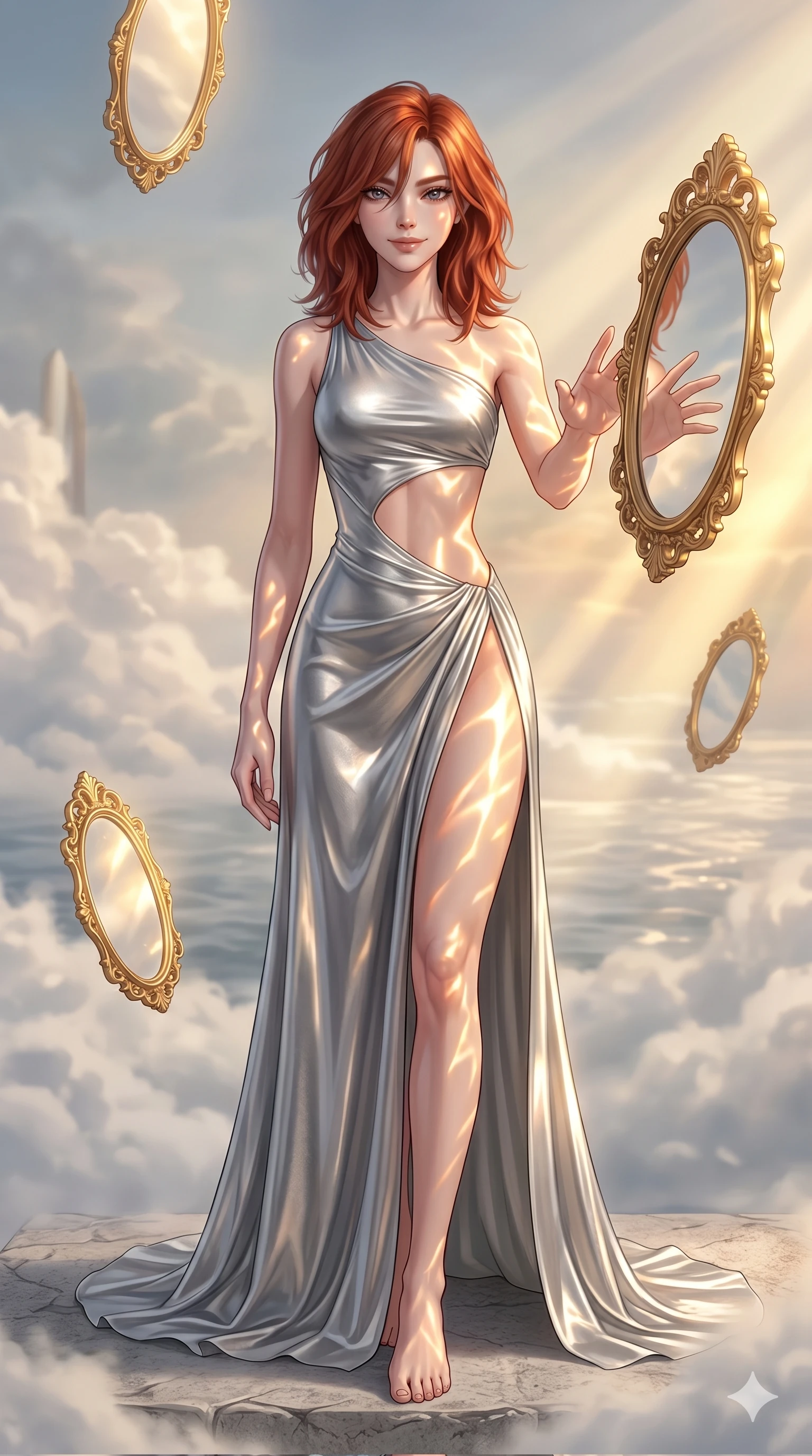score_9, masterpiece, best quality, ultra-detailed, high-budget anime keyframe, editorial fashion photography, tasteful artistic composition, Korean woman. cowboy shot from the thighs up, character and outfit filling the frame for maximum editorial presence. reaching a hand toward a floating mirror, looking at the camera with a mysterious smile in a surreal cloud sanctuary with floating golden mirrors (Code-P16-123). She has an absolutely perfect 8-heads proportion, an exceptionally tall and slender female figure with impossibly long slender legs and an ultra-slim waist. V-shaped jawline, high-bridge nose, intricate jewel-like eyes with depth, thick eyelashes, glossy lips with a natural sheen. wearing a flowing silver metallic gown with a dramatic open-waist cutout and high side slit. warm golden afternoon sunbeams reflecting off the mirrors, casting bright light patterns. 2k, ultra detail, master piece, 9:16 ratio