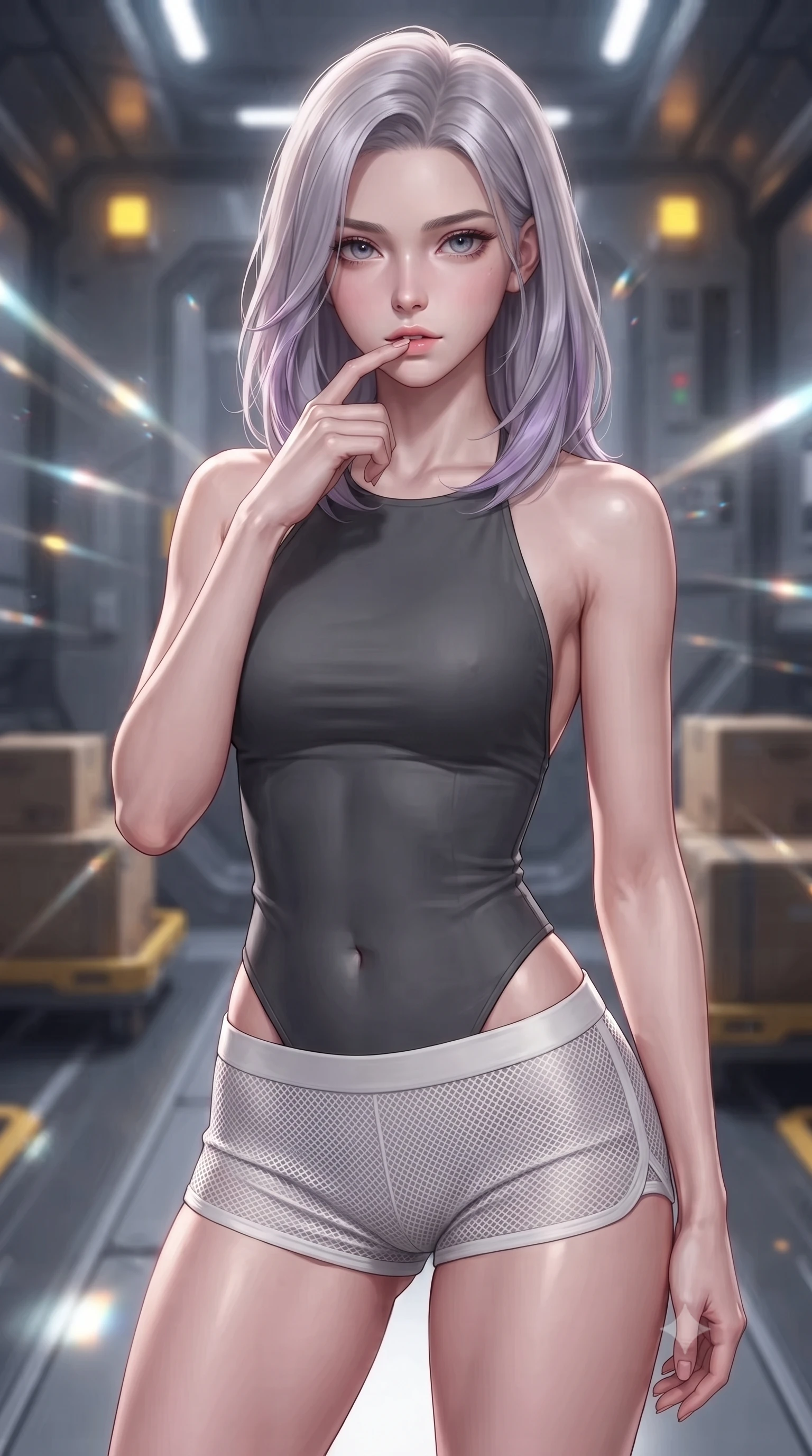 score_9, masterpiece, best quality, ultra-detailed, high-budget anime keyframe, editorial fashion photography, tasteful artistic composition, Caucasian woman. close-up cowboy shot from the waist and thighs up, the character dominates the composition, filling the frame with her large presence, background elements kept in soft focus. pressing one finger to her bottom lip in a thoughtful, composed gesture, locking eyes with the viewer, the background shows a soft-focus a quantum core elevator platform with yellow beacons transporting cargo boxes. She has an exceptionally elegant, slender, and willowy female figure with an ultra-slim waist, a gracefully sculpted slender torso, and a refined silhouette. sharp v-shaped jawline, high-bridge nose, intricate jewel-like eyes with depth, thick eyelashes, glossy lips with a natural sheen. wearing a form-contouring backless combat halter top in charcoal grey, paired with white carbon-mesh micro-shorts. dynamic moving light beams from passing elevator shaft signal lamps. ultra-reflective glossy finish, specular highlights, metallic sheen, high-contrast stereoscopic depth, volumetric dynamic lighting, 2k, ultra detail, master piece, 9:16 ratio