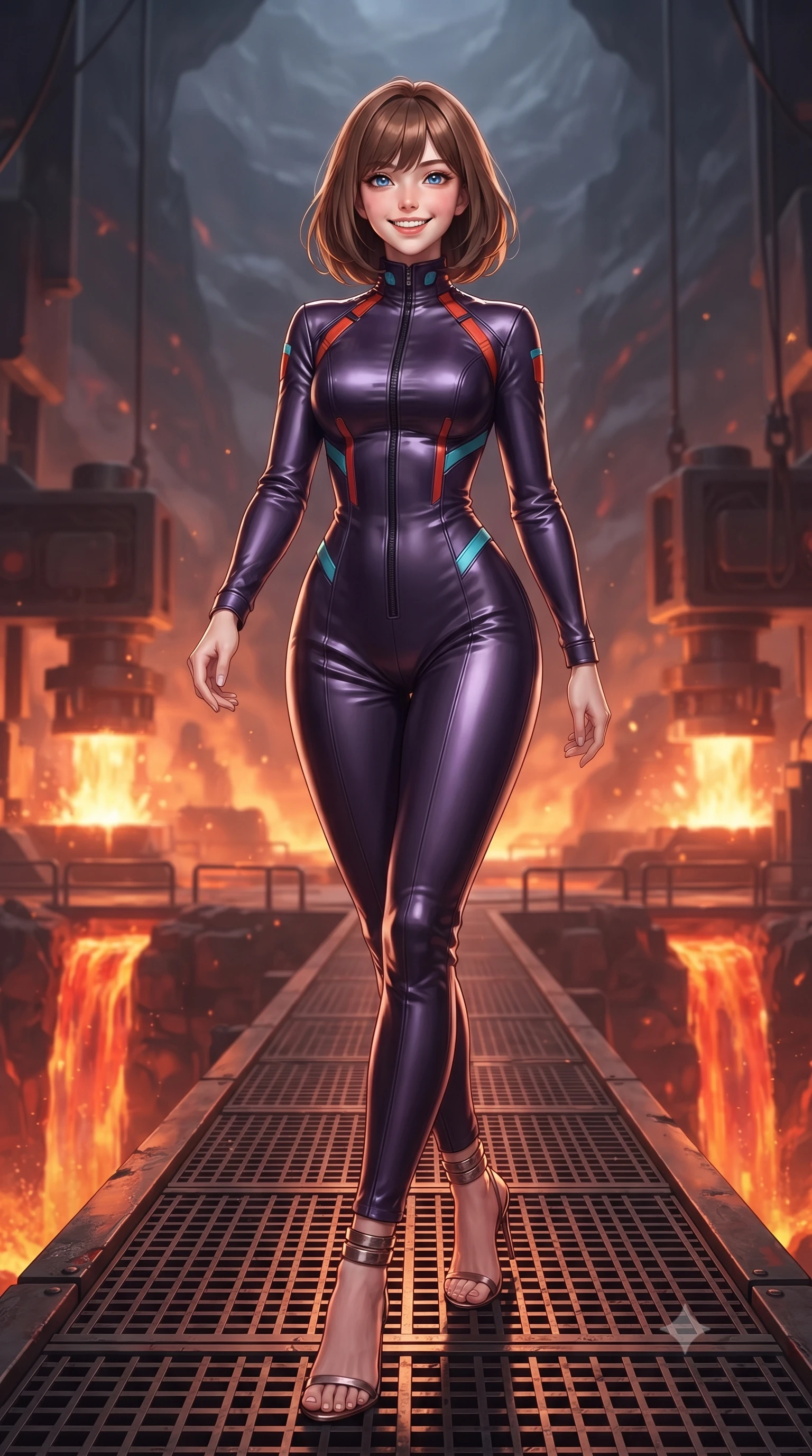score_9, masterpiece, best quality, ultra-detailed, high-budget anime keyframe, editorial fashion photography, tasteful artistic composition, Caucasian woman. low angle full-body shot from head to toe showing her feet, filling the entire 9:16 vertical frame with her statuesque presence, stretching her vertical silhouette. stepping forward in a confident stride, her long slender legs and curvaceous hips creating a dynamic, sweeping vertical line while standing poised on the heavy grated catwalk above cascading molten slag waterfalls inside the active volcanic caldera, arching her lower back with sovereign combat poise as automated hydraulic presses slam into white-hot titanium. The background shows a soft-focus shimmering thermal heat haze softened in subterranean volcanic forge shallow focus. She has an exceptionally tall and slender model-like 8.5-heads proportion, an ultra-slim waist, a flat toned midriff, narrow delicate ribcage, and beautifully sculpted feminine hips creating a graceful, slim hourglass silhouette without any bulky heaviness, with impossibly long slender legs. sharp v-shaped jawline, high-bridge nose, intricate jewel-like sparkling eyes with depth, thick eyelashes, glossy parted lips with a natural peach sheen, bright cheerful beaming smile with an enchanting and coquettish sensual glint, exuding both youthful cute charm and seductive allure, flawlessly proportioned anatomical accuracy, strict slender model proportions, natural body alignment, perfectly sculpted long slender limbs, ultra-slim waistline, clean dynamic posture without body distortion. wearing a form-fitting orbital flight command jumpsuit in dark purple liquid satin with a high collar, contouring tightly to her narrow waist and feminine hips in cyber-shinto vermilion and laser turquoise, tailored from high-density tech-wool with subtle metallic thread weave, complemented by strappy stiletto sandals with metallic ankle wraps accentuating her slender calves, the liquid-tight tailored fabric clinging flawlessly to her narrow waist and rounded feminine hips, emphasizing every millimeter of her sculpted slim hourglass curves without any bulky heaviness. illuminated by molten slag reflection bounce and sharp copper-gold rim lights sculpting her razor-sharp jawline, narrow waist, and curvy hips. ultra-reflective glossy finish, specular highlights, rich textural contrasts, high-contrast stereoscopic depth, volumetric dynamic lighting, 2k, ultra detail, master piece, 9:16 ratio