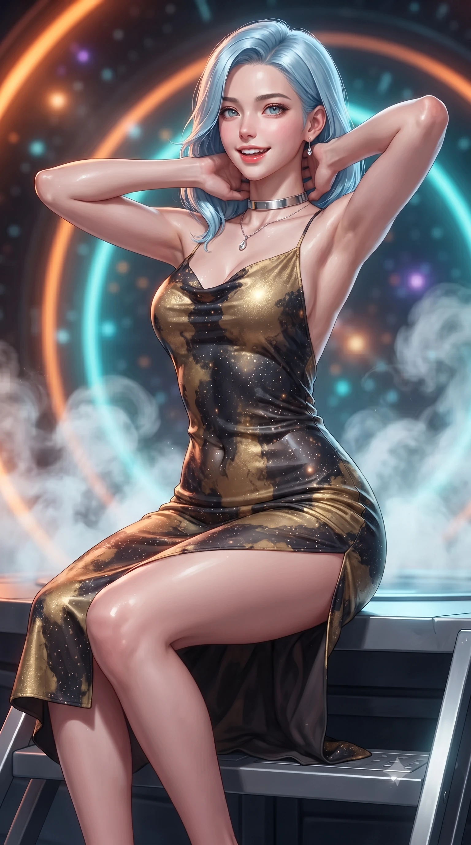 score_9, masterpiece, best quality, ultra-detailed, high-budget anime keyframe, editorial fashion photography, tasteful artistic composition, Korean woman. close-up cowboy shot from the waist and thighs up, the character dominates the composition, filling the frame with her large presence. resting both hands lightly behind her neck with elbows raised, arching her spine to highlight her narrow waist, flat midriff, and breathtaking collarbones while sitting poised on the elevated titanium gantry step with one knee bent, arching her back with confident combat poise and parted glossy lips. The background shows a soft-focus pulsing orange and cyan magnetic acceleration rings, billows of swirling white coolant steam, and distant star nebula blurred into amber, turquoise, and violet bokeh. She has an exceptionally elegant, slender, and willowy female figure with an ultra-slim waist, flat toned midriff, narrow ribcage, and sculpted feminine hips creating an alluring, slim hourglass silhouette without bulk. sharp v-shaped jawline, high-bridge nose, intricate jewel-like sparkling eyes with depth, thick eyelashes, glossy parted lips with a natural peach sheen, bright cheerful beaming smile with an enchanting and coquettish sensual glint, exuding both youthful cute charm and seductive allure, flawlessly proportioned anatomical accuracy, strict slender model proportions, natural body alignment, perfectly sculpted long slender limbs, ultra-slim waistline, clean dynamic posture without body distortion. wearing a form-contouring gossamer silk chiffon combat slip dress with a hip-high slit and open cowl back clinging with dewy moisture in solar-wind gold and deep space void black, crafted from bespoke double-faced cashmere with an exceptionally soft tactile finish, finished with a minimalist chrome choker and a single teardrop diamond pendant, the liquid-tight tailored fabric clinging flawlessly to her narrow waist and rounded feminine hips, emphasizing every millimeter of her sculpted slim hourglass curves without any bulky heaviness. bathed in high-voltage orange runway guide strobes contrasted with cold electric-cyan magnetic coil pulses. ultra-reflective glossy finish, specular highlights, rich textural contrasts, high-contrast stereoscopic depth, volumetric dynamic lighting, 2k, ultra detail, master piece, 9:16 ratio