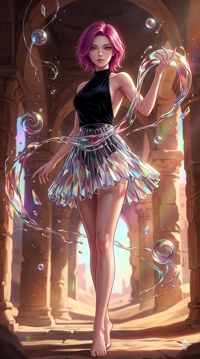 score_9, masterpiece, best quality, ultra-detailed, high-budget anime keyframe, Korean woman. low angle full-body shot filling the entire 9:16 frame with her statuesque presence, stretching the vertical silhouette. interacting with liquid stained-gla