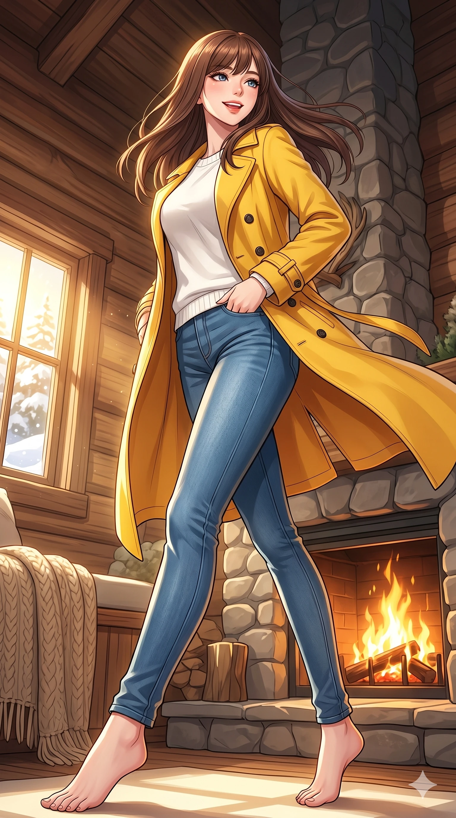 score_9, masterpiece, best quality, ultra-detailed, high-budget anime keyframe, vibrant anime aesthetic, Korean woman. low angle full-body shot from head to toe showing her feet, filling the entire 9:16 vertical frame with her statuesque presence, stretching her vertical silhouette. She is leaning back with a radiant smile, looking over her shoulder with lively confidence by a cozy fireplace inside a mountain lodge cabin, where warm flames crackle softly (Code-P21-002). She has an absolutely perfect 8-heads proportion, an exceptionally tall and slender female figure with impossibly long slender legs and an ultra-slim waist. V-shaped jawline, high-bridge nose, intricate jewel-like eyes with depth, thick eyelashes, glossy lips with a natural sheen. wearing a bright yellow trench coat over a white cotton sweater and denim jeans. She is drenched in bright, golden winter sunshine reflecting off the white snow. 2k, ultra detail, master piece, 9:16 ratio