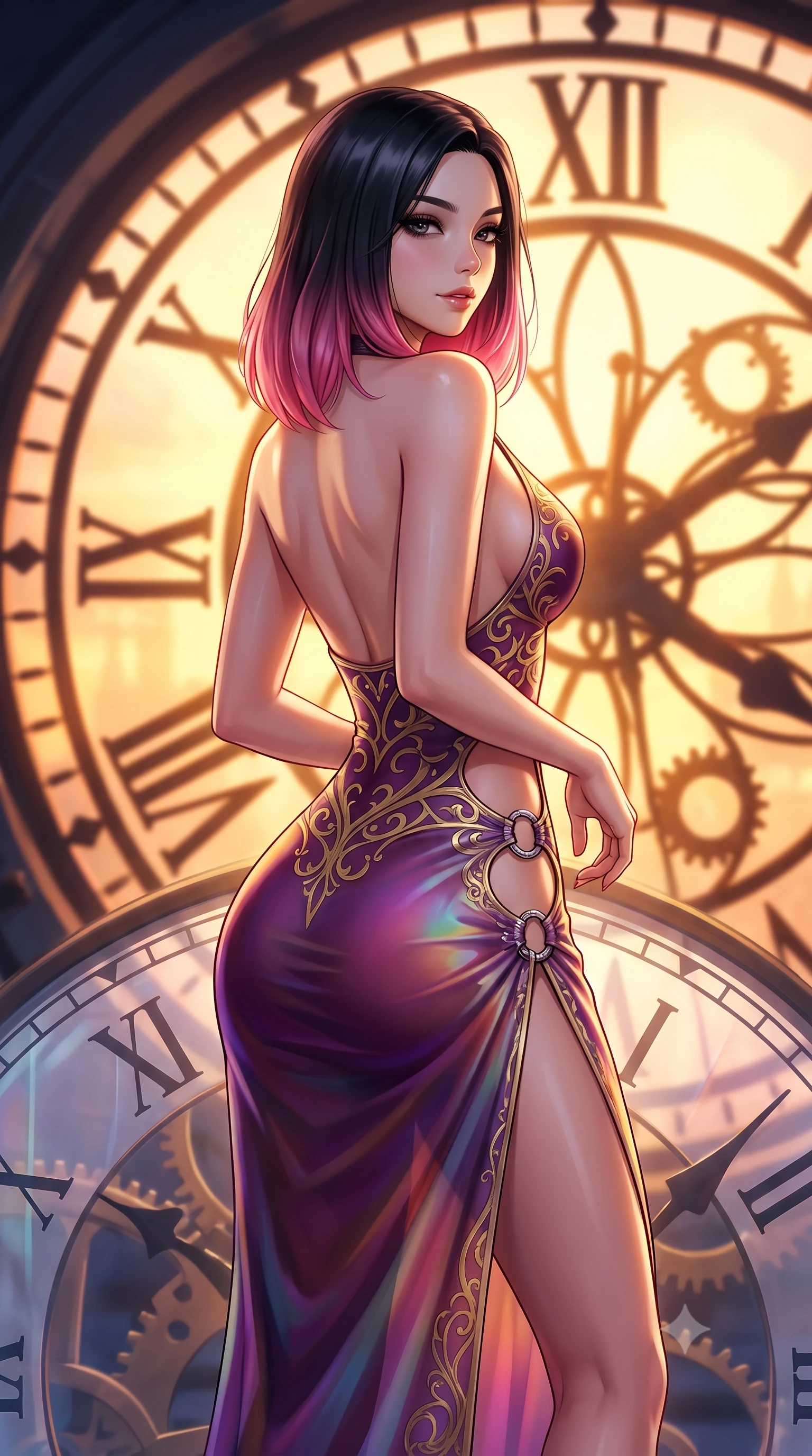 score_9, masterpiece, best quality, ultra-detailed, high-budget anime keyframe, editorial fashion photography, tasteful artistic composition, Korean woman. close-up cowboy shot from the waist and thighs up, the character dominates the composition, filling the frame with her large presence, background elements kept in soft focus. Glancing sidelong over her shoulder with a smoldering half-smile and heavy lashes standing atop a giant translucent Roman numeral clock dial in a high tower, dramatic twilight amber light streaming through the giant clock window. She has an exceptionally elegant, slender, and willowy female figure with an ultra-slim waist, a gracefully sculpted slender torso, and a refined silhouette. sharp v-shaped jawline, high-bridge nose, intricate jewel-like eyes with depth, thick eyelashes, glossy lips with a natural sheen. wearing a deep-scoop halter bodycon dress with hip cutouts connected by silver rings in plum purple and gold filigree, crafted from iridescent chiffon that shifts colors in the light, finished with a sleek side slit ascending to mid-thigh, the tailored fabric tightly following every curve of her athletic build. illuminated by a brilliant golden hour glow filtering through clockwork dials. highly saturated vibrant anime colors, detailed shading with soft gradients, rich glossy textures, high-contrast stereoscopic depth, volumetric dynamic lighting, master piece, 9:16 ratio