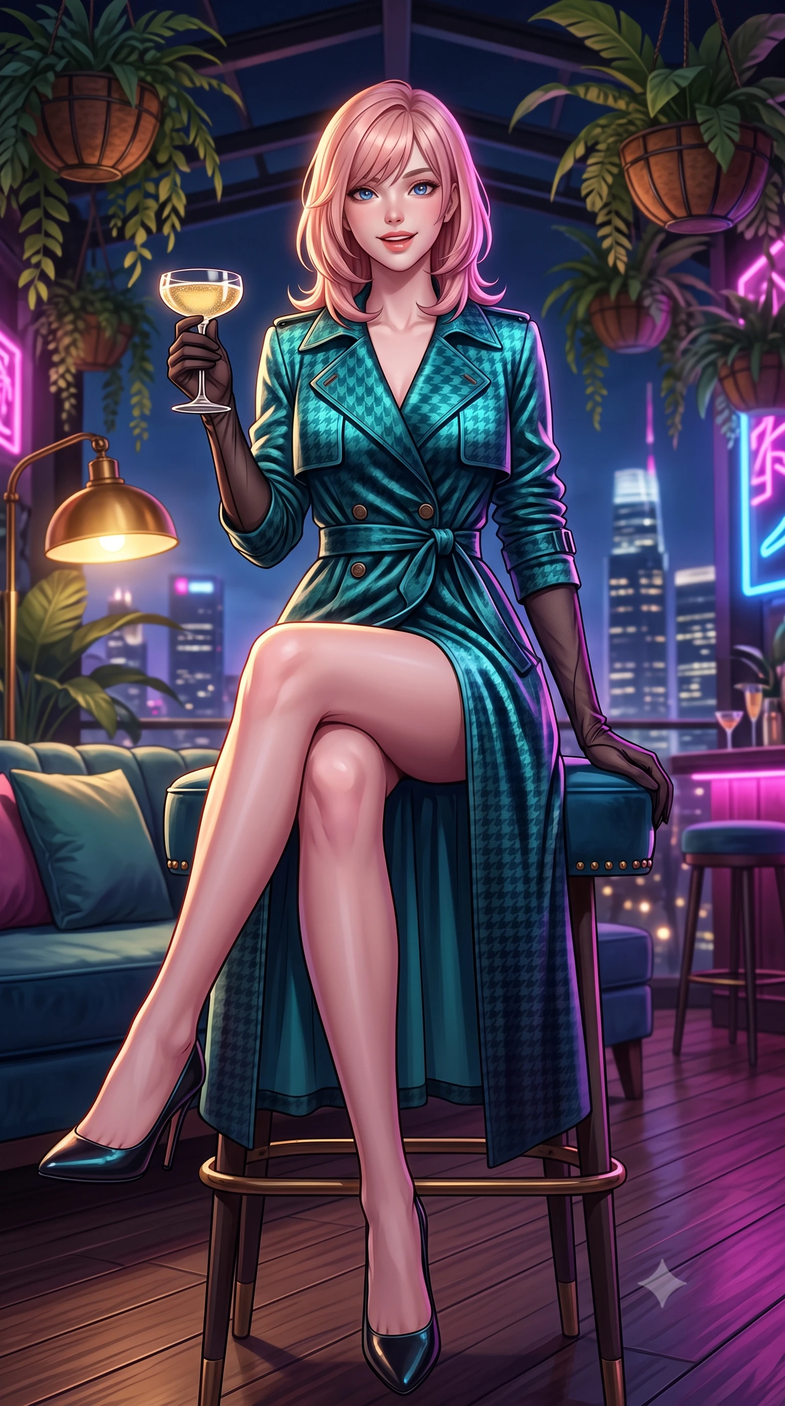 score_9, masterpiece, best quality, ultra-detailed, high-budget anime keyframe, semi-realistic 3D game render, editorial fashion photography, tasteful artistic composition, Japanese woman. low angle full-body shot from head to toe showing her feet, filling the entire 9:16 vertical frame with her statuesque presence, stretching her vertical silhouette. lounging on the lavish daybed with legs crossed and hips angled toward the camera, displaying her toned midriff and long slender limbs with effortless siren poise while sitting perched on the high velvet barstool with legs crossed, holding a coupe of champagne with magnetic, teasing charm. The background shows a soft-focus hanging tropical plant baskets softened in trendy Singapore rooftop bar shallow focus. She has an exceptionally tall and slender model-like 8.5-heads proportion, an ultra-slim waist, a flat toned midriff, narrow delicate ribcage, and beautifully sculpted feminine hips creating a graceful, slim hourglass silhouette without any bulky heaviness, with impossibly long slender legs. sharp v-shaped jawline, high-bridge nose, intricate jewel-like sparkling eyes with depth, thick eyelashes, glossy parted lips with a natural peach sheen, bright cheerful beaming smile with an enchanting and coquettish sensual glint, exuding both youthful cute charm and seductive allure, flawlessly proportioned anatomical accuracy, strict slender model proportions, natural body alignment, perfectly sculpted long slender limbs, ultra-slim waistline, clean dynamic posture without body distortion. wearing a structured Viennese secessionist houndstooth trench coat with belted waist and storm flaps in Verdon canyon emerald turquoise and dewy alabaster, tailored from ultra-plush silk velvet with rich tactile depth and deep shadow gradients, complemented by sheer opera-length evening gloves tracing her slender arms, the impeccably tailored cut draping gracefully along her slender figure with aristocratic poise. bathed in the warm golden 2300K glow of vintage brass lamps mixed with electric magenta and sapphire city skyscraper reflections. highly saturated vibrant anime colors, detailed shading with soft gradients, rich glossy textures, high-contrast stereoscopic depth, volumetric dynamic lighting, master piece, 9:16 ratio