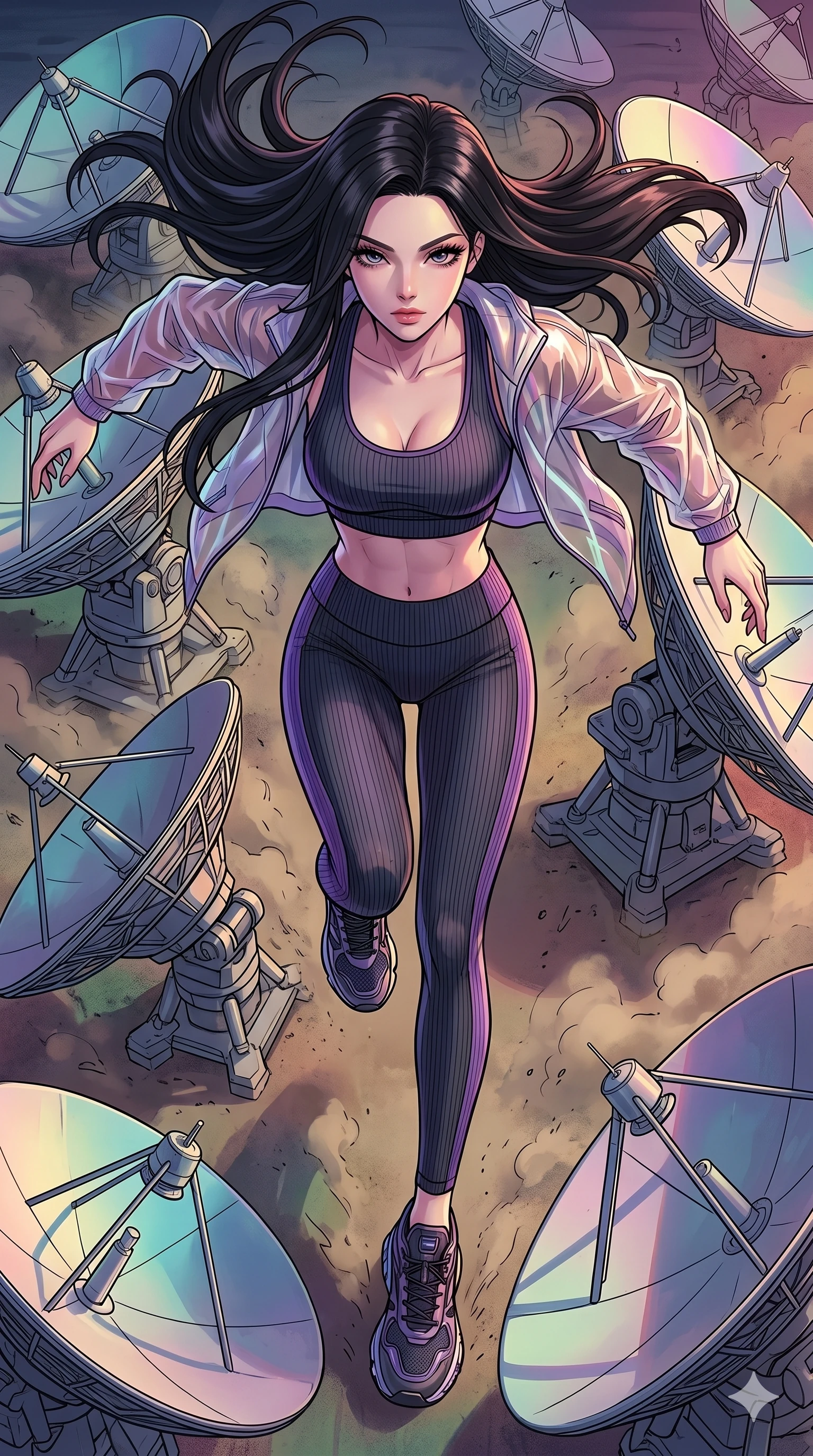 score_9, masterpiece, best quality, ultra-detailed, high-budget anime movie keyframe, cinematic anime lighting, intricate line art, Korean anime girl. Extreme high angle shot as she leaps towards the camera, filling the frame. charging through a field of satellite dishes as they pivot wildly. She has an absolutely perfect 8-heads proportion, an exceptionally tall and slender female figure with an ultra-slim waist and impossibly long slender legs. strictly human anatomy, two legs only, no extra limbs, clearly defined legs and arms, perfect anatomy, perfect hands and fingers. sharp v-shaped jawline, high-bridge nose, intricate jewel-like eyes, thick eyelashes, glossy lips. Wearing Premium Athleisure: Ribbed sports bra and leggings set, sheer windbreaker, and sleek high-performance activewear. The scene is illuminated by dramatic atmospheric lighting and vibrant color palettes. , 2k, ultra detail, master piece, 9:16 ratio