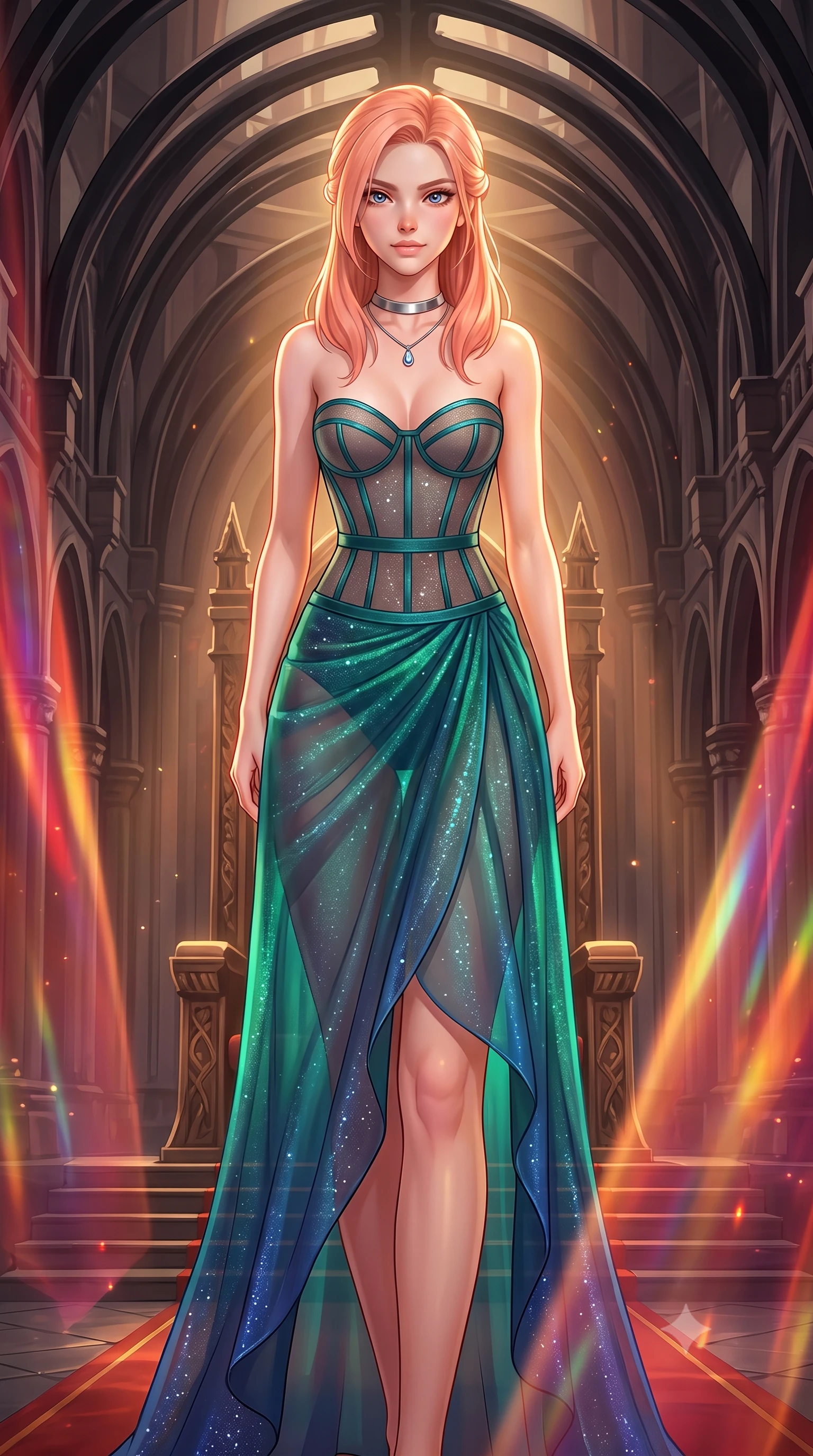 score_9, masterpiece, best quality, ultra-detailed, high-budget anime keyframe, semi-realistic 3D game render, editorial fashion photography, tasteful artistic composition, Japanese woman. close-up cowboy shot from the waist and thighs up, the character dominates the composition, filling the frame with her large presence. leaning forward while arching her lower back to accentuate her curvy hips, looking into the camera with an intoxicating smoldering gaze and bedroom-eyes while standing poised at the center of the monumental gothic-sci-fi throne room beneath soaring obsidian rib vaults, arching her lower back with sovereign diva charisma. The surrounding environment is rendered in vivid detail and crisp panoramic clarity: detailed anime keyframe lines, rich fabric textures, and monumental imperial space architecture in razor-sharp precision. She has an exceptionally elegant, slender, and willowy female figure with an ultra-slim waist, flat toned midriff, narrow ribcage, and sculpted feminine hips creating an alluring, slim hourglass silhouette without bulk. sharp v-shaped jawline, high-bridge nose, intricate jewel-like sparkling eyes with depth, thick eyelashes, glossy parted lips with a natural peach sheen, bright cheerful beaming smile with an enchanting and coquettish sensual glint, exuding both youthful cute charm and seductive allure, flawlessly proportioned anatomical accuracy, strict slender model proportions, natural body alignment, perfectly sculpted long slender limbs, ultra-slim waistline, clean dynamic posture without body distortion. wearing a provocative translucent mesh corset bodice with boned satin channels paired with a sheer chiffon wrap maxi skirt in bioluminescent emerald and abyssal sapphire, woven from stretch metallic lurex jersey casting radiant starlight glints across her curves, finished with a minimalist chrome choker and a single teardrop diamond pendant, the liquid-tight tailored fabric clinging flawlessly to her narrow waist and rounded feminine hips, emphasizing every millimeter of her sculpted slim hourglass curves without any bulky heaviness. bathed in warm 2600K golden spotlight radiance combined with ruby and amber holographic curtain glow. highly saturated vibrant anime colors, detailed shading with soft gradients, rich glossy textures, high-contrast stereoscopic depth, volumetric dynamic lighting, master piece, 9:16 ratio