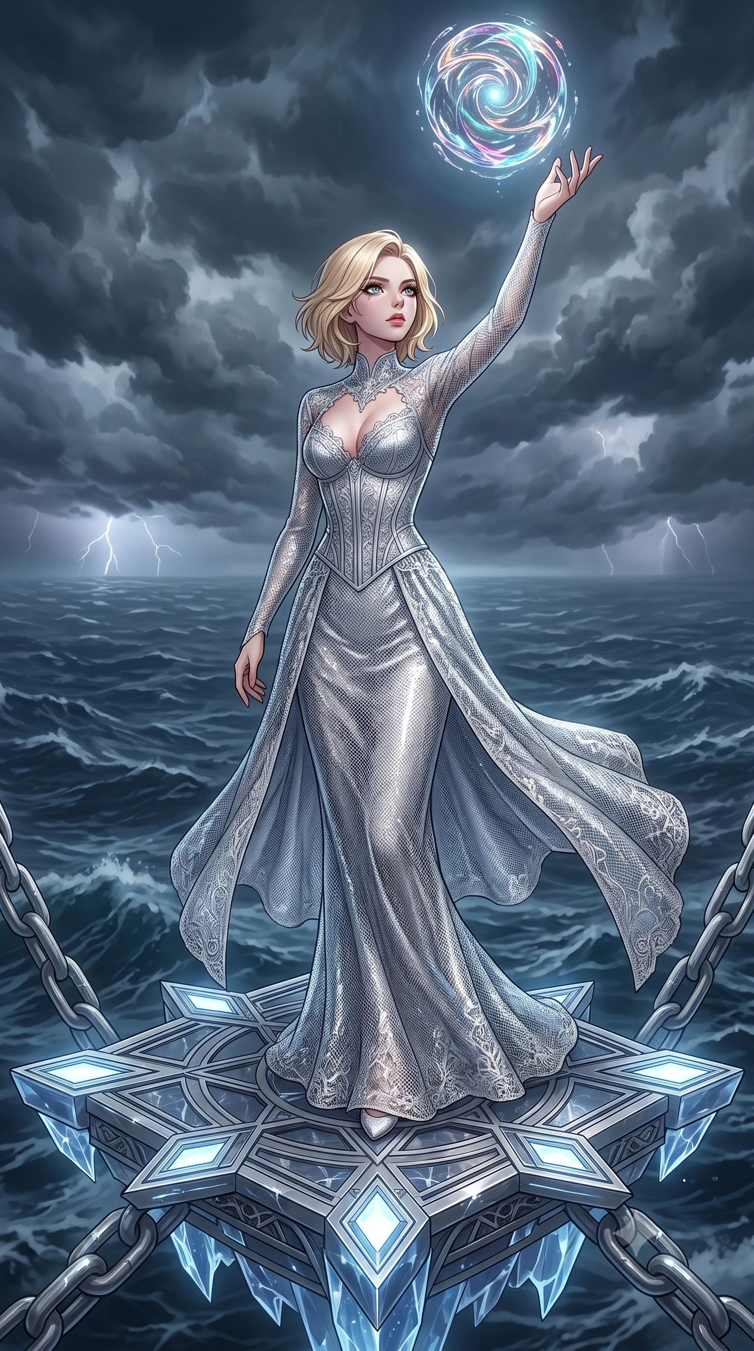 score_9, masterpiece, best quality, ultra-detailed, High-budget Anime Keyframe, Caucasian woman, strictly human ears. Low angle cowboy shot filling the entire 9:16 frame with her statuesque presence. Scenario 469: reaching out to catch a floating sphere of liquid light in a floating platform suspended over a stormy sea of dark blue water. Her presence is magnetic and overpowering in this high-budget anime scene. Outfit 469: a tailored liquid silver micro-mesh lace gown layered over a structured corset bodice. The clothing is designed to emphasize her exceptionally tall and slender 8-heads proportion. 8-heads proportion, towering silhouette, ultra-slim waist. sharp v-shaped jawline, intricate jewel-like eyes with depth, thick eyelashes, glossy lips. 2k, ultra detail, master piece, 9:16 ratio