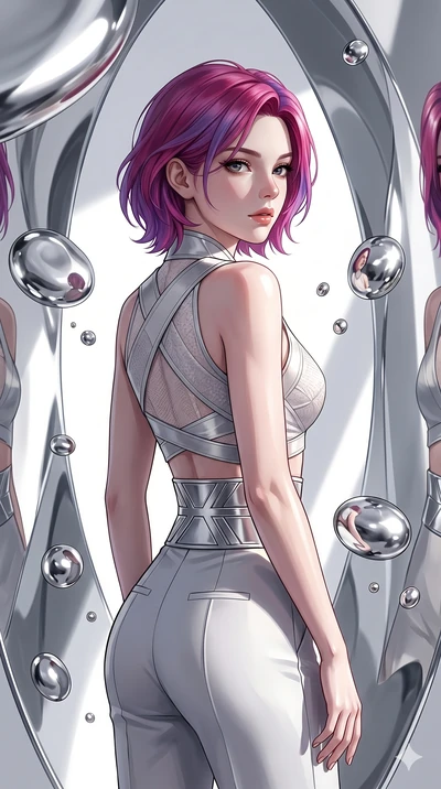 score_9, masterpiece, best quality, ultra-detailed, high-budget anime keyframe, editorial fashion photography, tasteful artistic composition, Caucasian woman, strictly human ears. Upper body close-up from the thighs up, character filling the screen f