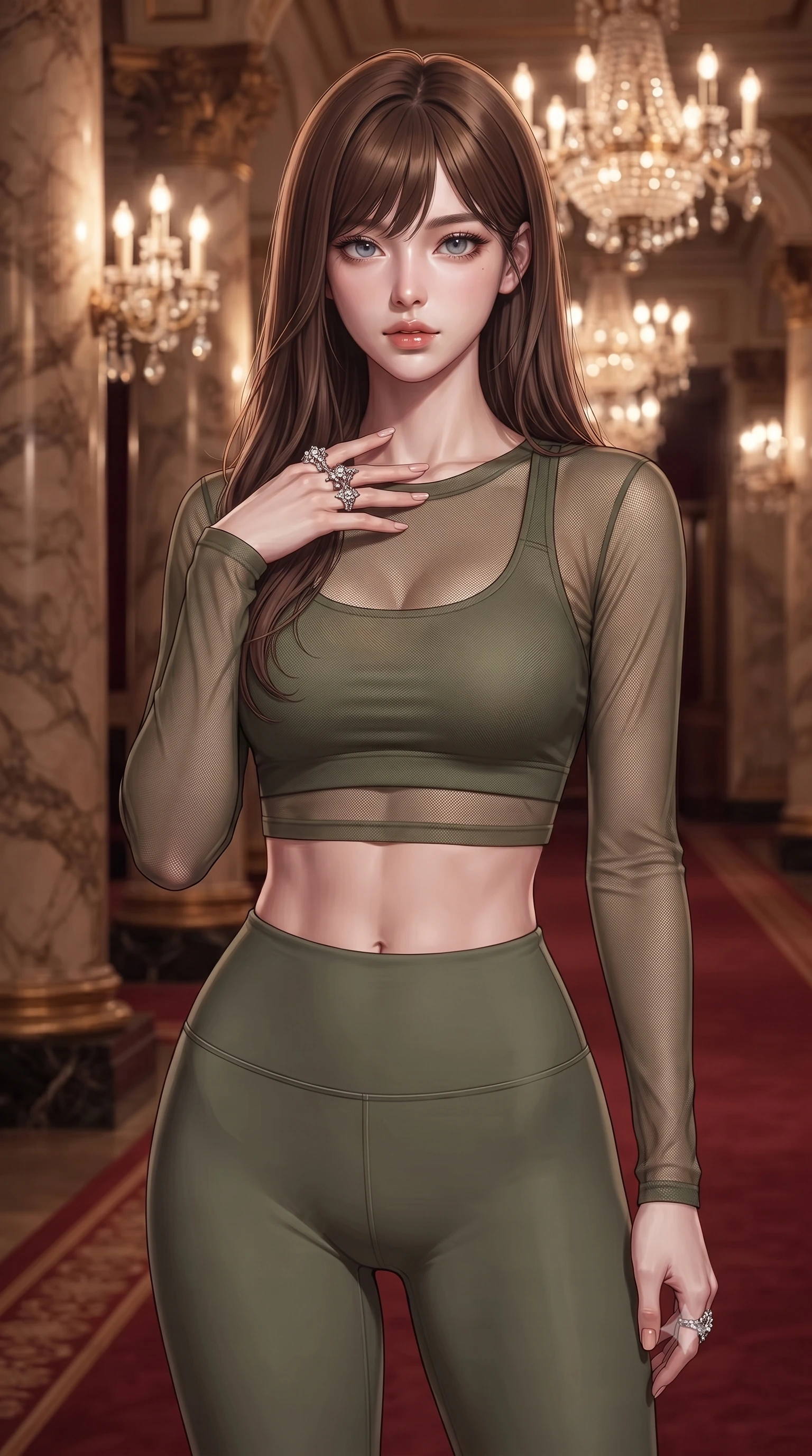 score_9, masterpiece, best quality, ultra-detailed, high-budget anime keyframe, editorial fashion photography, tasteful artistic composition, Korean woman. close-up cowboy shot from the waist and thighs up, the character dominates the composition, filling the frame with her large presence, background elements kept in soft focus. standing with one hand resting on her collarbone, looking at the viewer with bedroom-eyes the background shows a soft-focus a grand theater corridor with marble columns and red carpets under crystal chandeliers. She has an exceptionally elegant, slender, and willowy female figure with an ultra-slim waist, a gracefully sculpted slender torso, and a refined silhouette. sharp v-shaped jawline, high-bridge nose, intricate jewel-like eyes with depth, thick eyelashes, glossy lips with a natural sheen. wearing a slim-fit sheer mesh long-sleeve crop top in olive green, worn over a matching sports bra and leggings. multiple warm ambient lights reflecting off the polished marble surfaces. ultra-reflective glossy finish, specular highlights, metallic sheen, high-contrast stereoscopic depth, volumetric dynamic lighting, 2k, ultra detail, master piece, 9:16 ratio
