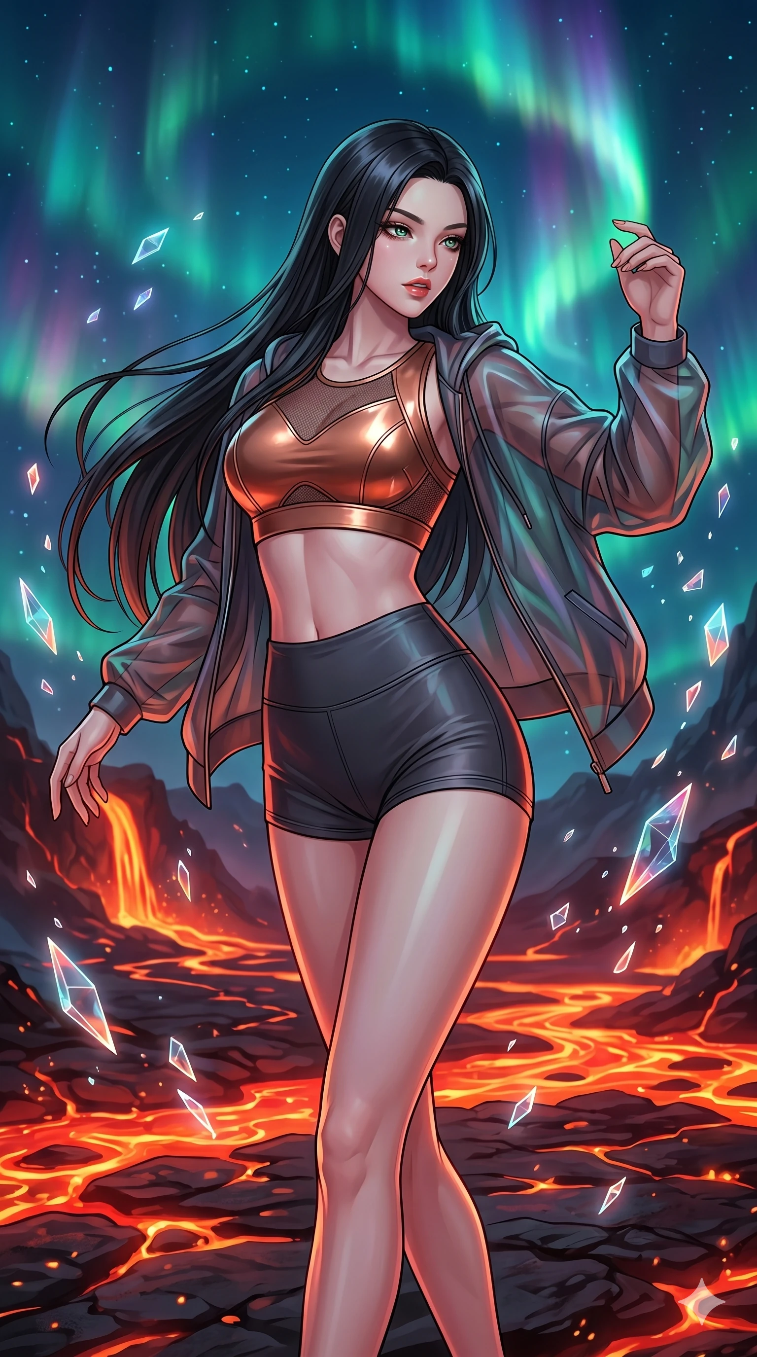 score_9, masterpiece, best quality, ultra-detailed, high-budget anime movie keyframe, cinematic anime lighting, intricate line art, Caucasian (strictly human ears) woman. Upper body filling screen focusing on her alluring features and slim-fit silhouette. dancing with data-shards in a volcanic lava forge amidst aurora borealis. She has an absolutely perfect 8-heads proportion, an exceptionally tall and slender female figure with an ultra-slim waist and impossibly long slender legs. sharp v-shaped jawline, high-bridge nose, intricate jewel-like eyes, thick eyelashes, glossy lips. Wearing premium athleisure set with a metallic-finish compression top, high-cut yoga shorts that accentuate her long legs, and a sheer oversized hoodie. The scene is illuminated by dramatic atmospheric lighting and vibrant color palettes. , 2k, ultra detail, master piece, 9:16 ratio