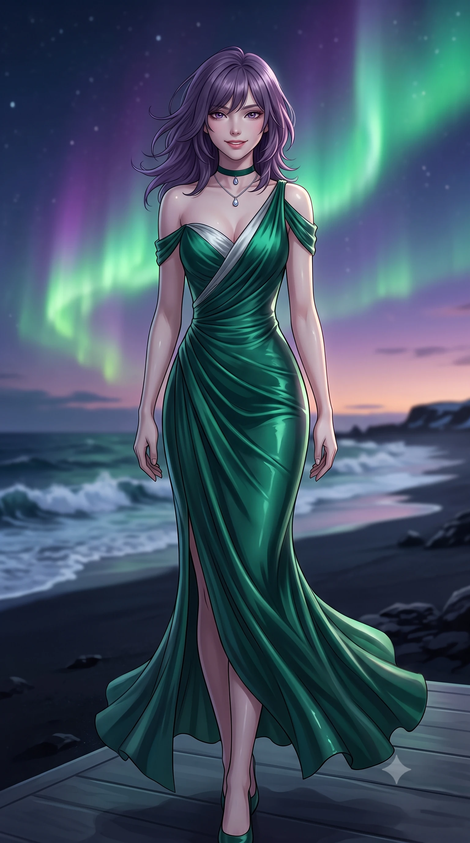 score_9, masterpiece, best quality, ultra-detailed, high-budget anime keyframe, editorial fashion photography, tasteful artistic composition, Japanese woman. low angle full-body shot from head to toe showing her feet, filling the entire 9:16 vertical frame with her statuesque presence, stretching her vertical silhouette. walking along the terrace with poise, looking back over her bare shoulder with an irresistible smoldering bedroom-gaze while twisting her slender torso in an alluring contrapposto stance on the obsidian sand, ethereal green auroral glows tracing her narrow waist and curvy hips. The background shows a soft-focus distant ocean sea spray softened in wild Arctic coastline shallow focus. She has an exceptionally tall and slender model-like 8.5-heads proportion, an ultra-slim waist, a flat toned midriff, narrow delicate ribcage, and beautifully sculpted feminine hips creating a graceful, slim hourglass silhouette without any bulky heaviness, with impossibly long slender legs. sharp v-shaped jawline, high-bridge nose, intricate jewel-like sparkling eyes with depth, thick eyelashes, glossy parted lips with a natural peach sheen, bright cheerful beaming smile with an enchanting and coquettish sensual glint, exuding both youthful cute charm and seductive allure, flawlessly proportioned anatomical accuracy, strict slender model proportions, natural body alignment, perfectly sculpted long slender limbs, ultra-slim waistline, clean dynamic posture without body distortion. wearing a form-fitting Andalusian liquid silk jersey flamenco-draped cocktail dress clinging to her narrow waist and rounded hips in Art Nouveau malachite green and antique starlight silver, crafted from fluid liquid silk satin that clings smoothly to her narrow waist and rounded hips with a dewy sheen, finished with a thin velvet ribbon choker and a single teardrop diamond pendant, the impeccably tailored cut draping gracefully along her slender figure with aristocratic poise. bathed in the ethereal 5200K phosphorescent green-and-violet illumination of active aurora borealis curtains mixed with twilight glow. ultra-reflective glossy finish, specular highlights, rich textural contrasts, high-contrast stereoscopic depth, volumetric dynamic lighting, 2k, ultra detail, master piece, 9:16 ratio