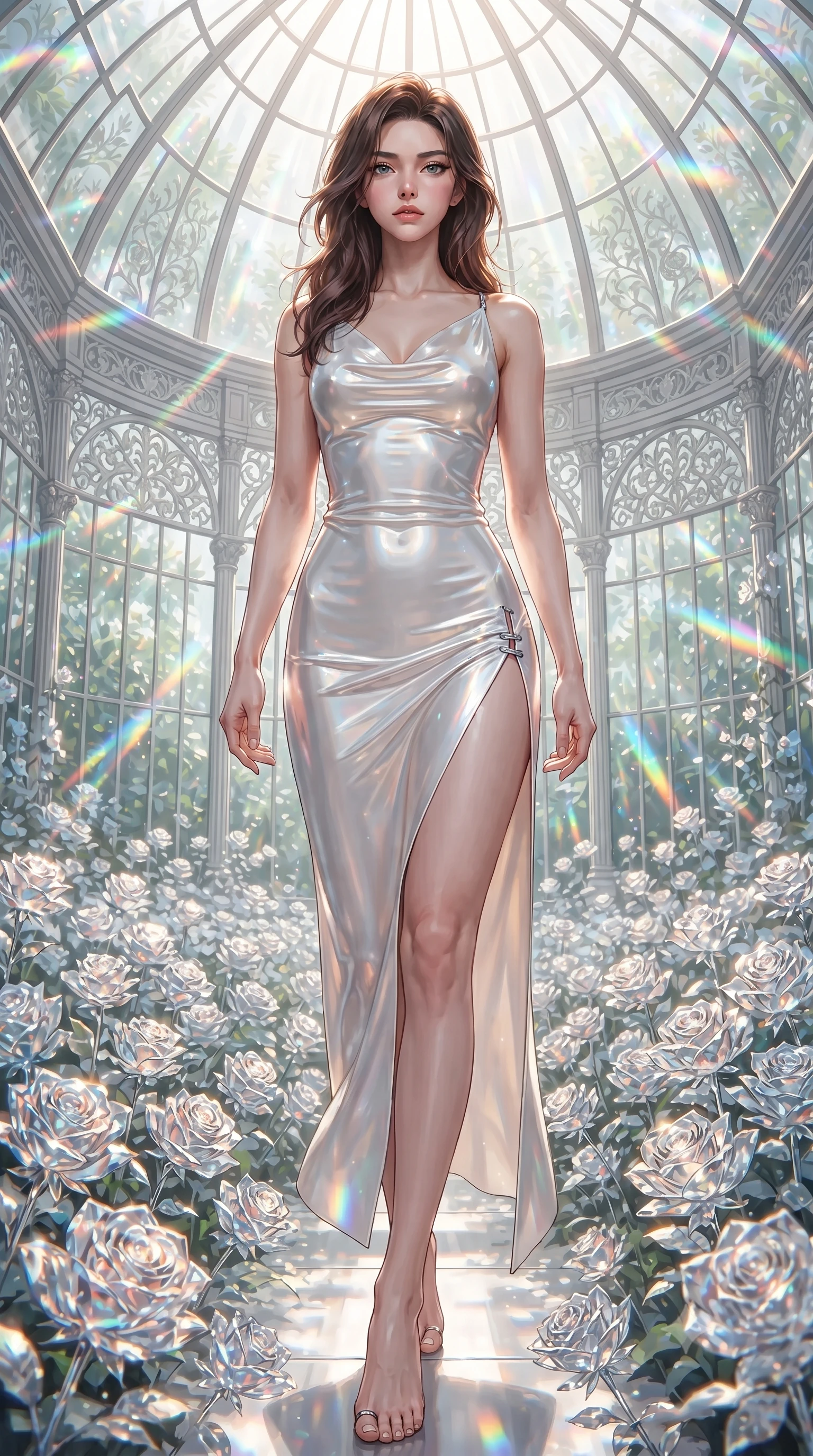 score_9, masterpiece, best quality, ultra-detailed, high-budget anime keyframe, editorial fashion photography, tasteful artistic composition, Korean woman. low angle full-body shot from head to toe showing her feet, filling the entire 9:16 vertical frame with her statuesque presence, stretching her vertical silhouette. striding forward in a proud, statuesque motion with a dangerous smolder, her vertical silhouette dominating the frame from head to toe while reclining gracefully amidst blooming crystal glass roses in a soaring glass greenhouse as morning sunbeams create rainbow prisms. The surrounding environment is rendered in vivid detail and crisp panoramic clarity. intricate botanical trellis carvings, distinct rainbow light band edges, and glass dome panes in high resolution. She has an absolutely perfect, statuesque 8.5-heads proportion, an exceptionally tall and slender model-like female figure with impossibly long slender legs, a toned flat midriff, and an ultra-slim waist. sharp v-shaped jawline, high-bridge nose, intricate jewel-like eyes with depth, thick eyelashes, glossy lips with a natural sheen, flawlessly proportioned anatomical accuracy, strict slender model proportions, natural body alignment, perfectly sculpted long slender limbs, ultra-slim waistline, clean dynamic posture without body distortion. wearing a precision-fitted liquid jersey bodycon dress with a dramatic draped cowl back that swoops down to her waist and a high side slit in glistening liquid pearl white with rainbow opalescence, formed from high-gloss patent material with specular light reflections, finished with an ultra-high side slit secured by miniature magnetic clasps, the glove-like aerodynamic second-skin fit tightly clinging to her ultra-slender waist and athletic curves without adding bulk, accentuating her razor-sharp statuesque lines and slim hourglass silhouette. bathed in brilliant morning sunlight intersected by saturated rainbow crystal prism refractions. ultra-reflective glossy finish, specular highlights, metallic sheen, high-contrast stereoscopic depth, volumetric dynamic lighting, 2k, ultra detail, master piece, 9:16 ratio