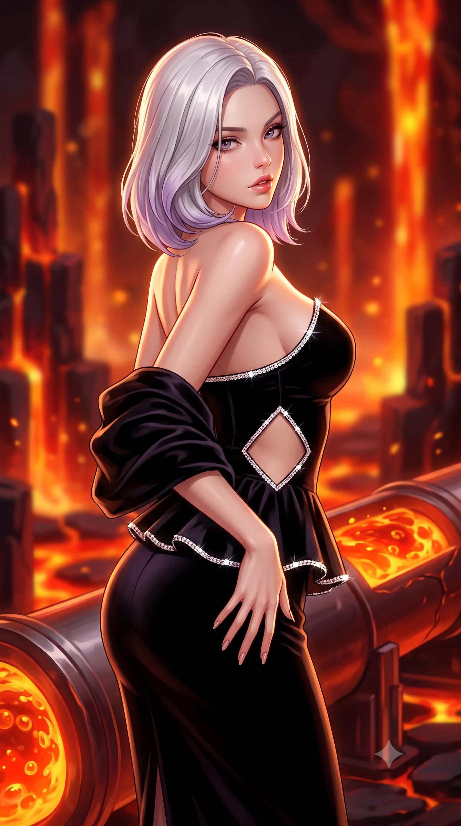 score_9, masterpiece, best quality, ultra-detailed, high-budget anime keyframe, semi-realistic 3D game render, editorial fashion photography, tasteful artistic composition, Caucasian woman. close-up cowboy shot from the waist and thighs up, the character dominates the composition, filling the frame with her large presence. resting one manicured hand delicately on her hip bone, her upper body turning in a fluid, seductive S-curve while parted lips glisten in the light while twisting her slender torso in an alluring S-curve beside giant cooling conduits, turning to look back over a bare shoulder with parted glossy lips. The composition keeps background elements in soft focus with creamy bokeh. bubbling molten lava channels and glowing basalt pillar formations blurred into fiery tangerine, ruby, and amber bokeh. She has an exceptionally elegant, slender, and willowy female figure with an ultra-slim waist, flat toned midriff, narrow ribcage, and sculpted feminine hips creating an alluring, slim hourglass silhouette without bulk. sharp v-shaped jawline, high-bridge nose, intricate jewel-like eyes with depth, thick eyelashes, glossy parted lips with a natural sheen, intensely captivating and seductive bedroom-eyes expression, flawlessly proportioned anatomical accuracy, strict slender model proportions, natural body alignment, perfectly sculpted long slender limbs, ultra-slim waistline, clean dynamic posture without body distortion. wearing a modern peplum corset dress with side-waist diamond cutouts and an ultra-tight silhouette in pitch-black velvet with diamond crystal trim, woven from layered gossamer chiffon with a weightless sweeping drape, complemented by a plush velvet shawl draped loosely over her elbows, the liquid-tight tailored fabric clinging flawlessly to her narrow waist and rounded feminine hips, emphasizing every millimeter of her sculpted slim hourglass curves without any bulky heaviness. illuminated by high-contrast specular rim lights sharply sculpting her razor-sharp jawline, narrow waist, and curvy hips. highly saturated vibrant anime colors, detailed shading with soft gradients, rich glossy textures, high-contrast stereoscopic depth, volumetric dynamic lighting, master piece, 9:16 ratio