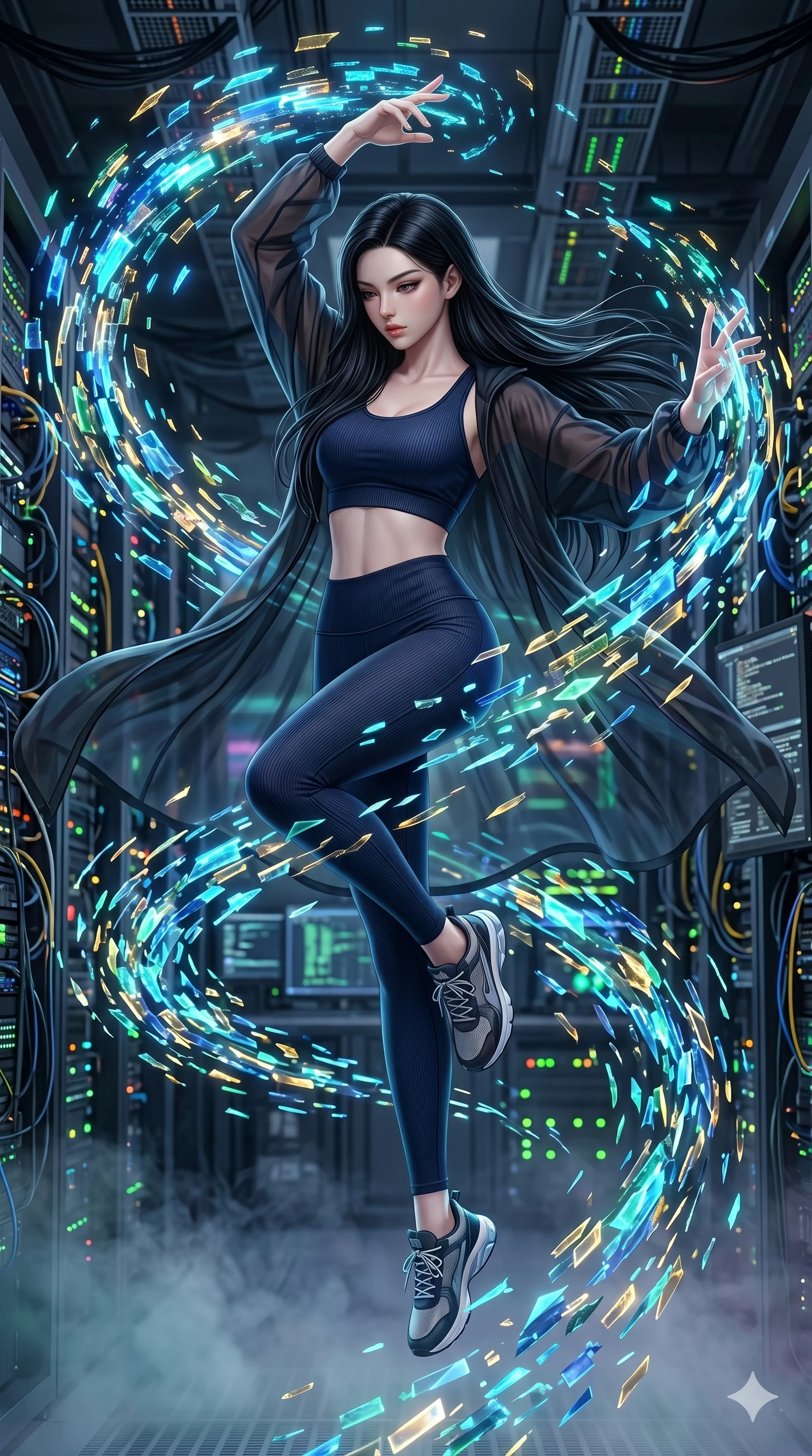 score_9, masterpiece, best quality, ultra-detailed, photorealistic 8k CG, hyper-detailed textures, ray-tracing, Japanese woman. Mid-air action shot capturing a graceful twist and vertical silhouette. summoning a whirlwind of glowing data-shards in a server room. She has an absolutely perfect 8-heads proportion, an exceptionally tall and slender female figure with an ultra-slim waist and impossibly long slender legs. strictly human anatomy, two legs only, no extra limbs, clearly defined legs and arms, perfect anatomy, perfect hands and fingers. sharp v-shaped jawline, high-bridge nose, intricate jewel-like eyes, thick eyelashes, glossy lips. Wearing Premium Athleisure: Ribbed sports bra and leggings set, sheer windbreaker, and sleek high-performance activewear. The scene is illuminated by dramatic atmospheric lighting and vibrant color palettes. , 2k, ultra detail, master piece, 9:16 ratio