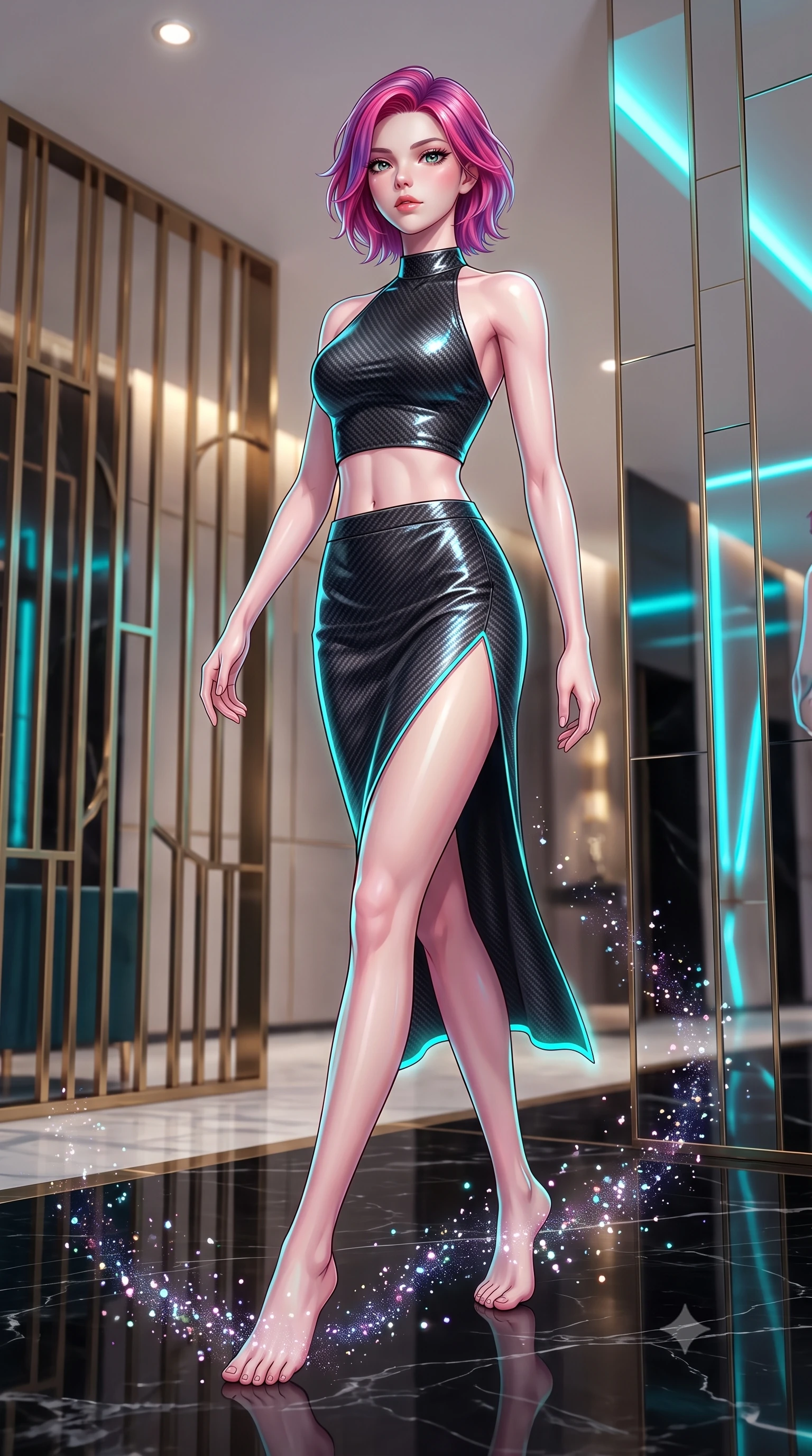 score_9, masterpiece, best quality, ultra-detailed, high-budget anime keyframe, editorial fashion photography, tasteful artistic composition, Caucasian woman. low angle full-body shot from head to toe showing her feet, filling the entire 9:16 vertical frame with her statuesque presence, stretching her vertical silhouette. stepping gracefully through floating stardust particles, her body-contouring suit showing her athletic, slender silhouette, the background shows a soft-focus a hotel lobby with geometric brass screens and black marble floors. She has an absolutely perfect, statuesque 8.5-heads proportion, an exceptionally tall and slender model-like female figure with impossibly long slender legs and an ultra-slim waist. sharp v-shaped jawline, high-bridge nose, intricate jewel-like eyes with depth, thick eyelashes, glossy lips with a natural sheen. wearing a slim-fit carbon-fiber halter-neck crop top paired with a matching high-slit midi skirt, revealing her slim waist. neon cyan lights refracting off mirrors and her glossy outfit surface. highly saturated vibrant anime colors, detailed shading with soft gradients, rich glossy textures, high-contrast stereoscopic depth, volumetric dynamic lighting, master piece, 9:16 ratio