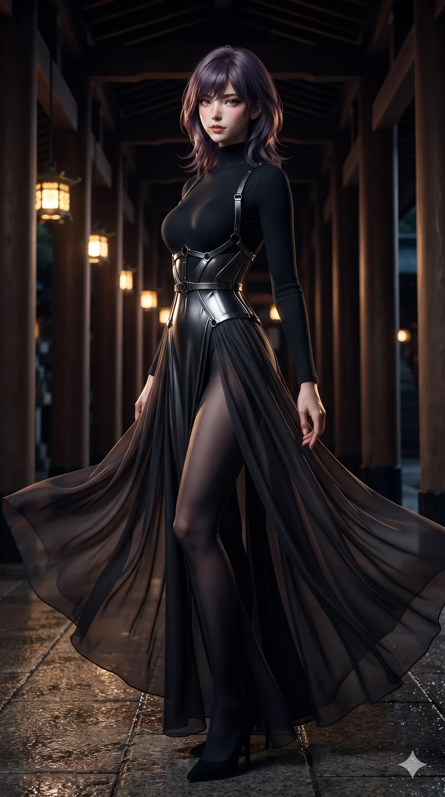 score_9, masterpiece, best quality, ultra-detailed, high-budget anime keyframe, editorial fashion photography, tasteful artistic composition, Japanese woman. low angle full-body shot from head to toe showing her feet, filling the entire 9:16 vertical frame with her statuesque presence, stretching her vertical silhouette. executing a slow, elegant turn as her liquid gown flutters around her slender legs, glancing over her shoulder with an intoxicating bedroom-gaze while twisting her slender torso in an alluring contrapposto stance between repeating dark pillars, golden lantern beams tracing her flat midriff and curvy hips. The surrounding environment is rendered in vivid detail and crisp panoramic clarity: detailed sheer dark chiffon gown drape, gunmetal harness structure, and traditional shrine craftsmanship in razor-sharp precision. She has an absolutely perfect, statuesque 8.5-heads proportion, an exceptionally tall and slender model-like female figure with impossibly long slender legs, an ultra-slim waist, a flat toned midriff, narrow delicate ribcage, and beautifully sculpted feminine hips creating a graceful, slim hourglass silhouette without any bulky heaviness. sharp v-shaped jawline, high-bridge nose, intricate jewel-like dark sparkling eyes with hypnotic seductive depth, thick curled eyelashes, glossy parted lips with a natural wine sheen, alluring bedroom-eyes with an enigmatic smoldering smile, exuding magnetic sovereign charisma and dark avant-garde glamour, flawlessly proportioned anatomical accuracy, strict slender model proportions, natural body alignment, perfectly sculpted long slender limbs, ultra-slim waistline, clean dynamic posture without body distortion. wearing a sleek high-neck ribbed activewear bodysuit in matte black in dark burnt copper and matte black, made of liquid dark mercury jersey with seamless sculpting hold and fluid drape, highlighted by a gunmetal metallic harness structure, the form-fitting cut adhering flawlessly to her sculpted flat midriff and slender torso, emphasizing her long leg lines and perfectly proportioned willowy build. illuminated by wet stone ground bounce and sharp gold-amber rim lights sculpting her razor-sharp jawline, narrow waist, and curvy hips. ultra-reflective glossy finish, specular highlights, metallic sheen, high-contrast stereoscopic depth, volumetric dynamic lighting, 2k, ultra detail, master piece, 9:16 ratio