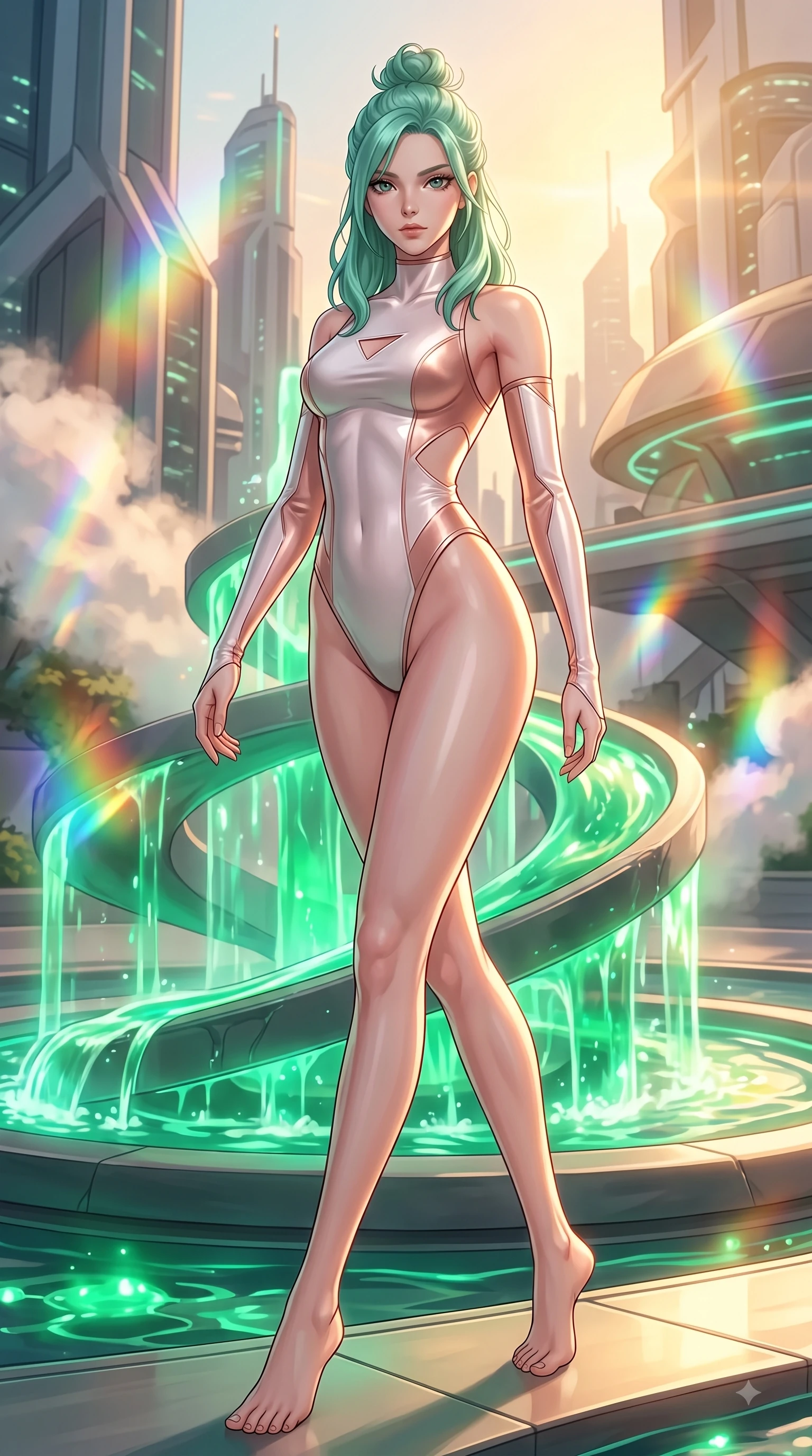 score_9, masterpiece, best quality, ultra-detailed, high-budget anime keyframe, editorial fashion photography, tasteful artistic composition, Japanese woman. low angle full-body shot from head to toe showing her feet, filling the entire 9:16 vertical frame with her statuesque presence, stretching her vertical silhouette. stepping forward in a proud dynamic stride with an alluring waist tilt, her vertical silhouette filling the frame while pivoting dynamically beside a hydro-flow spiral fountain flowing with bioluminescent emerald sap, steam clouds refracting sunlight into brilliant rainbow prisms around her form. She has an absolutely perfect, statuesque 8.5-heads proportion, an exceptionally tall and slender model-like female figure with impossibly long slender legs and an ultra-slim waist. sharp v-shaped jawline, high-bridge nose, intricate jewel-like eyes with depth, thick eyelashes, glossy lips with a natural sheen, flawlessly proportioned anatomical accuracy, natural body alignment, perfectly sculpted elegant limbs, clean dynamic posture without body distortion. wearing an asymmetrical high-cut tech-bodysuit with detached sleeves in pearl white and rose gold, made of premium stretch velvet with a rich sheen, featuring subtle geometric cutouts that highlight her ultra-slim midriff, the form-contouring material highlighting her ultra-slim waist and long lines. bathed in warm golden sunlight and soft emerald bioluminescent glow. highly saturated vibrant anime colors, detailed shading with soft gradients, rich glossy textures, high-contrast stereoscopic depth, volumetric dynamic lighting, master piece, 9:16 ratio