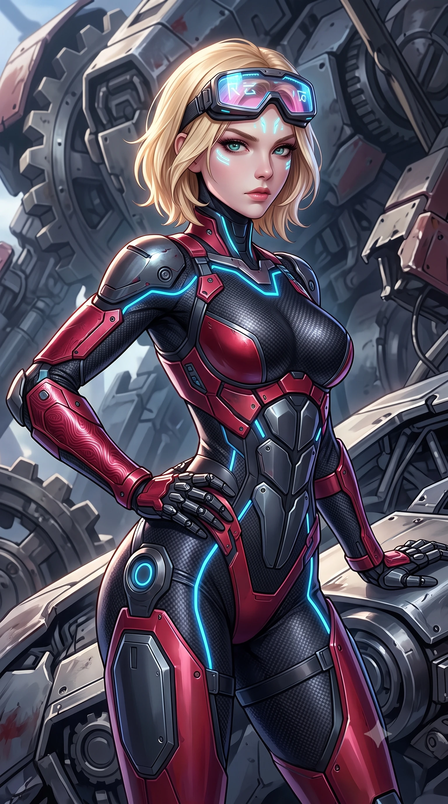 score_9, masterpiece, best quality, ultra-detailed, high-budget anime keyframe, semi-realistic 3D game render, editorial fashion photography, tasteful artistic composition, Caucasian woman. close-up cowboy shot from the waist and thighs up, the character dominates the composition, filling the frame with her large presence. resting one armored hand on her hip while glancing over her shoulder with thick eyelashes and an indomitable, smoldering combat gaze while resting one hand on the mechanical hull with an intense, smoldering gaze looking directly into the camera. The surrounding environment is rendered in vivid detail and crisp panoramic clarity. high-contrast mechanical chiaroscuro and monumental war-machine wreckage captured with precision. She has an exceptionally elegant, slender, and willowy female figure with an ultra-slim waist, a gracefully sculpted slender torso, toned flat midriff, and a refined slim silhouette. sharp v-shaped jawline, high-bridge nose, intricate jewel-like eyes with depth, thick eyelashes, glossy lips with a natural sheen, fierce and resolute heroine expression, flawlessly proportioned anatomical accuracy, strict slender model proportions, natural body alignment, perfectly sculpted long slender limbs, ultra-slim waistline, clean dynamic posture without body distortion. wearing high-tech holographic tactical goggles resting tipped up on her forehead, casting glowing neon runes across her brow without obscuring her features, paired with a skin-tight dark carbon-weave combat bodysuit with glowing neon energy conduits and reinforced Damascus-pattern forearm strike guards in deep battle-scarred crimson carbon weave with specular dark chrome accents, made of liquid carbon-jersey fabric accentuating every curve of her tall, slender model proportions, accented with glowing fiber-optic telemetry conduits tracing her collarbones and hip curves, the liquid-tight tailored fabric emphasizing every curve of her tall, slender model proportions and sculptured silhouette during dynamic movement. illuminated by crisp specular highlights sharply tracing her sculpted flat midriff, waist, and long slender legs. rich saturated anime colors with glowing neon highlights, detailed shading with soft gradients, rich glossy textures, high-contrast stereoscopic depth, volumetric dynamic lighting, master piece, 9:16 ratio