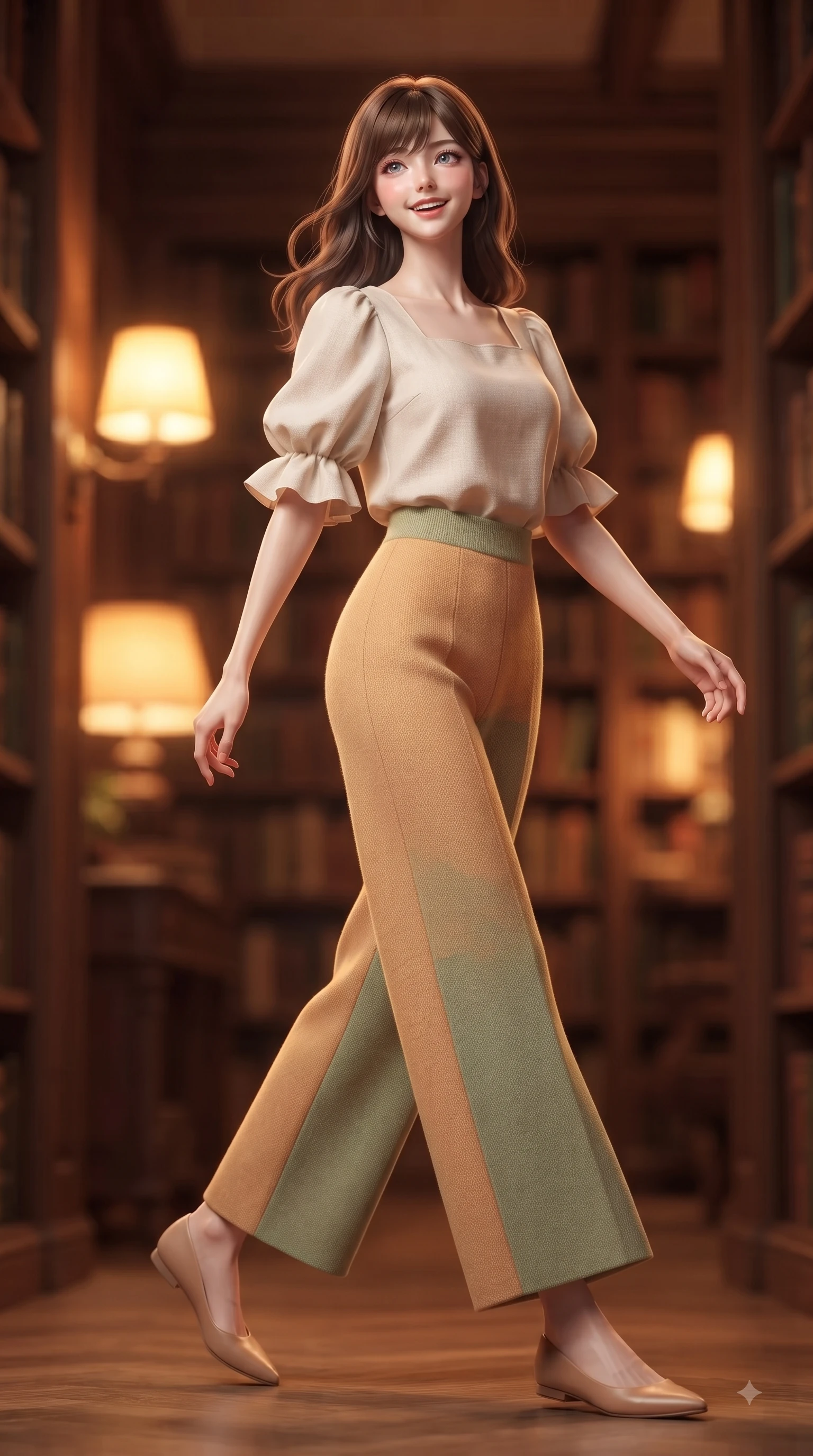 score_9, masterpiece, best quality, ultra-detailed, high-budget anime keyframe, editorial fashion photography, tasteful artistic composition, Korean woman. low angle full-body shot from head to toe showing her feet, filling the entire 9:16 vertical frame with her statuesque presence, stretching her vertical silhouette. stepping forward gracefully in mid-motion with a delighted cute expression, displaying her statuesque model proportions while pivoting dynamically in a quiet library nook with a sweet, intelligent smile and sparkling eyes. The composition keeps background elements in soft focus with dreamy bokeh. warm oak book stacks and glowing amber lamps blurred into cozy, creamy background bokeh. She has an absolutely perfect, statuesque 8.5-heads proportion, an exceptionally tall and slender model-like female figure with impossibly long slender legs and an ultra-slim waist. sharp v-shaped jawline, high-bridge nose, intricate jewel-like eyes with depth, thick eyelashes, glossy lips with a natural sheen, flawlessly proportioned anatomical accuracy, natural body alignment, perfectly sculpted elegant limbs, clean dynamic posture without body distortion. wearing an elegant pastel linen blouse with puff sleeves and high-waisted wide-leg trousers in warm apricot and sage green, knitted from soft cozy cashmere yarn, featuring elegant flutter sleeves and a graceful square neckline, the breezy lightweight fabric fluttering softly against her delicate frame. illuminated by soft glowing amber indoor lamps and warm wood reflections. ultra-reflective glossy finish, specular highlights, metallic sheen, high-contrast stereoscopic depth, volumetric dynamic lighting, 2k, ultra detail, master piece, 9:16 ratio
