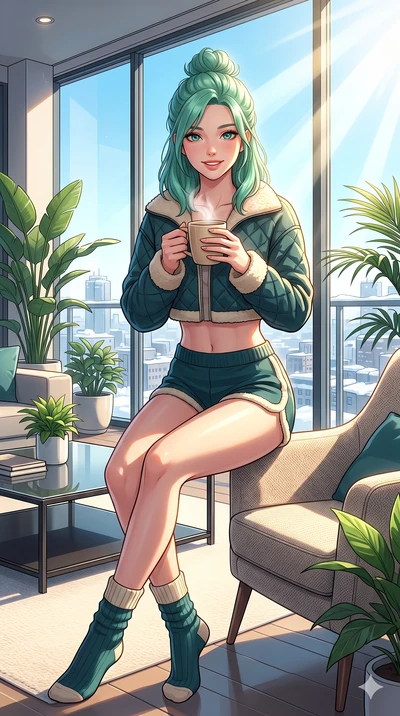 score_9, masterpiece, best quality, ultra-detailed, high-budget anime keyframe, vibrant anime aesthetic, Japanese woman. cowboy shot from the thighs up, character and outfit filling the frame for maximum presence. She is holding a warm coffee, smilin