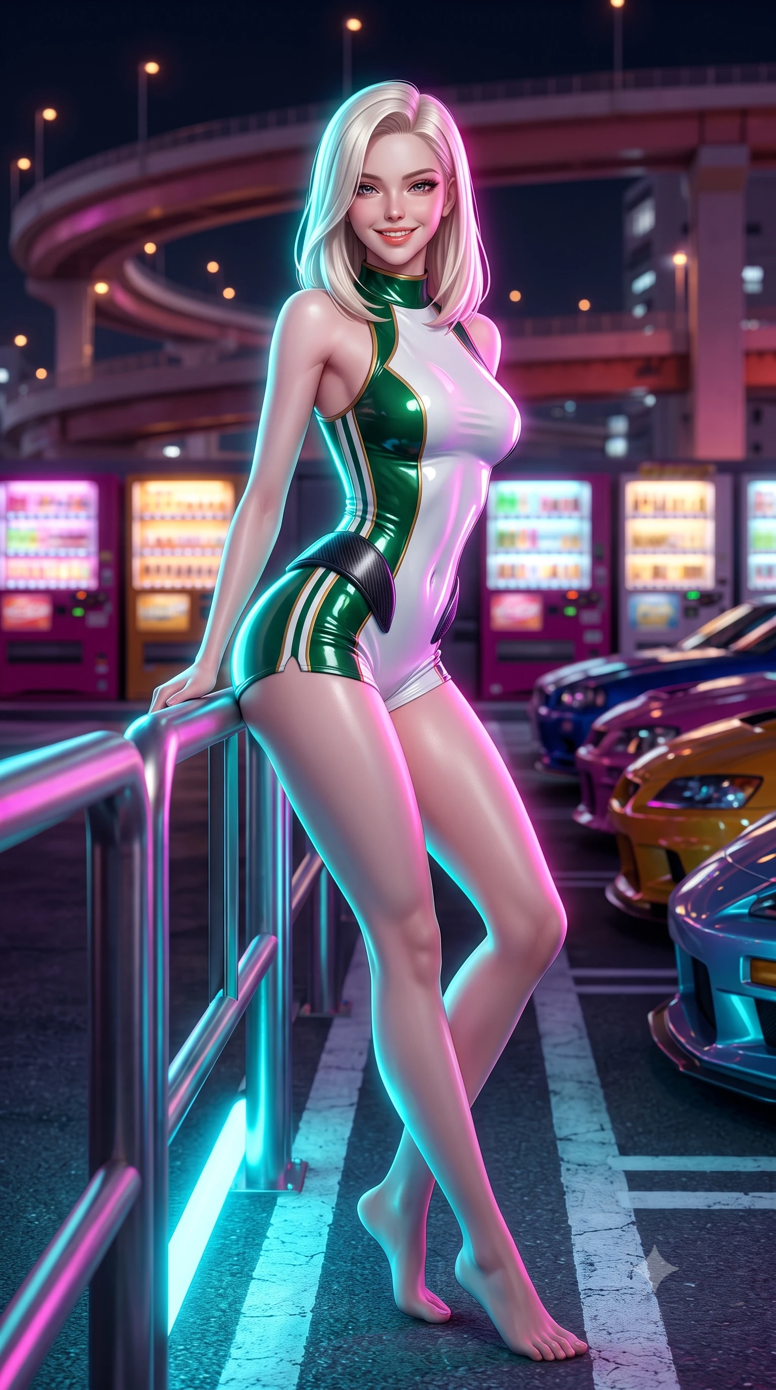 score_9, masterpiece, best quality, ultra-detailed, high-budget anime keyframe, semi-realistic 3D game render, editorial fashion photography, tasteful artistic composition, Caucasian woman. low angle full-body shot from head to toe showing her feet, filling the entire 9:16 vertical frame with her statuesque presence, stretching her vertical silhouette. leaning deep against the pit lane barrier with hips cocked back in an unapologetically alluring high-fashion stance, flashing a warm beaming smile while twisting her slender torso in an alluring S-curve in the parking bay, neon underglow lighting tracing her tight suit curves and flat midriff. The background shows a soft-focus curving elevated Tokyo highway ramps, rows of customized sports cars, and illuminated vending machine banks blurred into magenta, amber, and cyan bokeh. She has an absolutely perfect, statuesque 8.5-heads proportion, an exceptionally tall and slender model-like female figure with impossibly long slender legs, an ultra-slim waist, a flat toned midriff, narrow delicate ribcage, and beautifully sculpted feminine hips creating a graceful, slim hourglass silhouette without any bulky heaviness. sharp v-shaped jawline, high-bridge nose, sparkling eyes with athletic focus and depth, thick curled eyelashes, glossy parted lips with a natural coral-peach sheen, bright confident and coquettish smile with alluring bedroom-eyes, exuding both youthful sporty vigor and sovereign high-society glamour, flawlessly proportioned anatomical accuracy, strict slender model proportions, natural body alignment, perfectly sculpted long slender limbs, ultra-slim waistline, clean dynamic posture without body distortion. wearing a bodycon racerback athletic romper with high-cut leg openings and side racing stripe tape accentuating her curvy hips in crisp Wimbledon white and British racing green with gold accents, made of high-gloss reflective patent leather with mirror-like specular highlights, accented with sleek aerodynamic carbon-fiber hip pads framing her narrow waist, the form-fitting tailored bodice adhering flawlessly to her sculpted flat midriff and slender torso, emphasizing her long leg lines and perfectly proportioned willowy build. bathed in intense saturated underglow neons in electric cyan and magenta contrasting with night shadows. highly saturated vibrant anime colors, detailed shading with soft gradients, rich glossy textures, high-contrast stereoscopic depth, volumetric dynamic lighting, master piece, 9:16 ratio