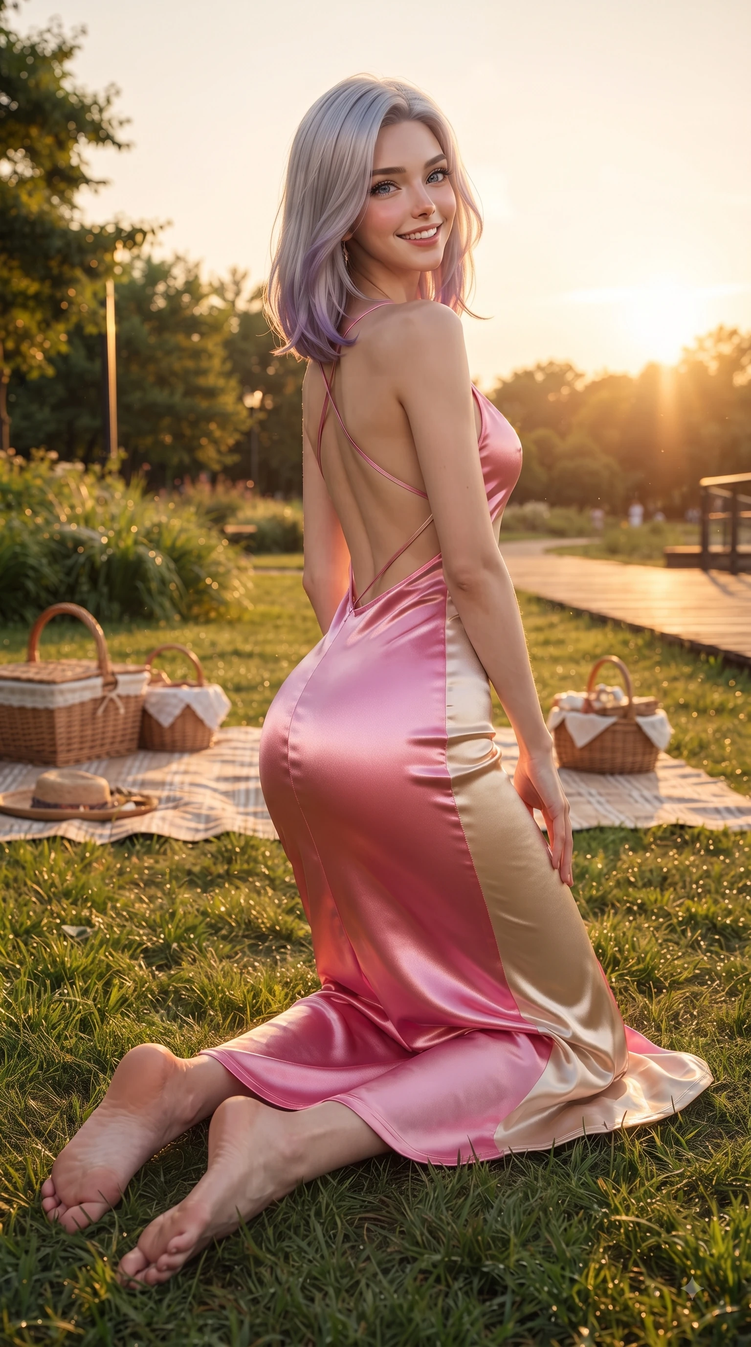 score_9, masterpiece, best quality, ultra-detailed, high-budget anime keyframe, editorial fashion photography, tasteful artistic composition, Caucasian woman. low angle full-body shot from head to toe showing her feet, filling the entire 9:16 vertical frame with her statuesque presence, stretching her vertical silhouette. pivoting dynamically with a fresh infectious smile, her ultra-slim waist creating a sweeping fluid curve while resting on her knees on the grass as warm sunset rays illuminate her radiant beauty. The surrounding environment is rendered in vivid detail and crisp panoramic clarity. lush picnic mat setups, park foliage, and wooden promenade planks rendered in deep focus. She has an absolutely perfect, statuesque 8.5-heads proportion, an exceptionally tall and slender model-like female figure with impossibly long slender legs and an ultra-slim waist. sharp v-shaped jawline, high-bridge nose, intricate jewel-like eyes with depth, thick eyelashes, glossy lips with a natural sheen, flawlessly proportioned anatomical accuracy, natural body alignment, perfectly sculpted elegant limbs, clean dynamic posture without body distortion. wearing a precision-fitted liquid satin slip dress with fluid draped lines and an open back in bright cherry blossom pink and champagne, made of lustrous stretch velvet, finished with delicate criss-cross back straps highlighting her bare shoulders, the tailored fabric tightly following every curve of her athletic build. bathed in glorious golden hour sunset sunbeams and warm amber sky radiance. ultra-reflective glossy finish, specular highlights, metallic sheen, high-contrast stereoscopic depth, volumetric dynamic lighting, 2k, ultra detail, master piece, 9:16 ratio