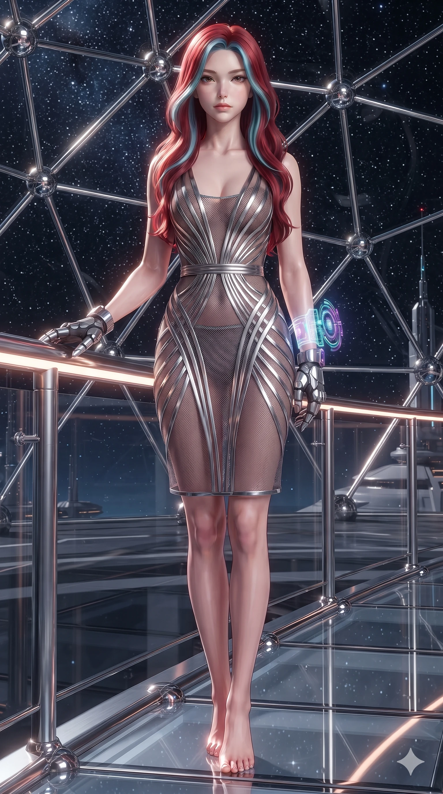 score_9, masterpiece, best quality, ultra-detailed, high-budget anime keyframe, editorial fashion photography, tasteful artistic composition, Caucasian woman. low angle full-body shot from head to toe showing her feet, filling the entire 9:16 vertical frame with her statuesque presence, stretching her vertical silhouette. standing in a tall, confident posture with one hand on a glowing metal railing, stretching her statuesque body as she arches her lower back to emphasize her sculpted feminine hips and slender waist while sitting gracefully on the sculptural chrome bench with legs crossed, flashing an enchanting smile with parted glossy lips under the canopy of a thousand newborn stars. The surrounding environment is rendered in vivid detail and crisp panoramic clarity: sharp geodesic dome frame struts, micro-etched star map coordinates, and polished chrome bench curves in deep focus. She has an absolutely perfect, statuesque 8.5-heads proportion, an exceptionally tall and slender model-like female figure with impossibly long slender legs, an ultra-slim waist, a flat toned midriff, narrow delicate ribcage, and beautifully sculpted feminine hips creating a graceful, slim hourglass silhouette without any bulky heaviness. sharp v-shaped jawline, high-bridge nose, intricate jewel-like sparkling eyes with depth, thick eyelashes, glossy parted lips with a natural sheen, bright confident smile with an enchanting and coquettish sensual glint, exuding both youthful magnetic charm and sovereign high-tech allure, flawlessly proportioned anatomical accuracy, strict slender model proportions, natural body alignment, perfectly sculpted long slender limbs, ultra-slim waistline, clean dynamic posture without body distortion. wearing a plunge-front sheer illusion technical mesh slip dress with liquid platinum ribbon stripes hugging her curves in cosmic eclipse amber and starlight diamond, crafted from stretch micro-mesh with liquid foil coating that shimmers with every movement, complemented by fingerless armored tactical gloves and a glowing holographic wrist terminal, the precision-cut side openings and low-back scoop framing her graceful spine and the sensual sweep of her slim, toned hips. illuminated by dome floor bounce and sharp rose-gold rim lights defining her razor-sharp jawline, narrow waist, and curvy hips. ultra-reflective glossy finish, specular highlights, rich textural contrasts, high-contrast stereoscopic depth, volumetric dynamic lighting, 2k, ultra detail, master piece, 9:16 ratio