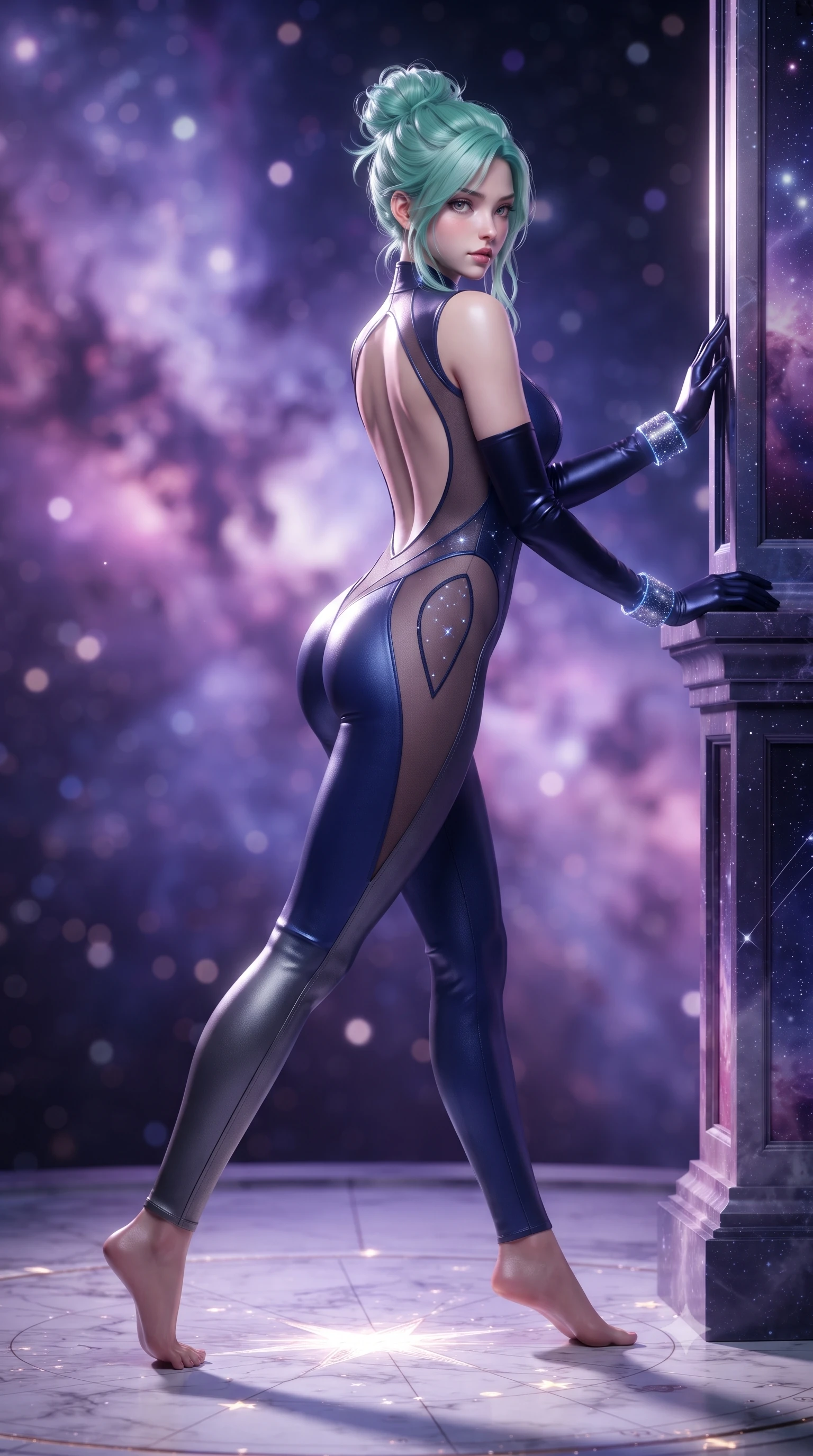 score_9, masterpiece, best quality, ultra-detailed, high-budget anime keyframe, editorial fashion photography, tasteful artistic composition, Japanese woman. low angle full-body shot from head to toe showing her feet, filling the entire 9:16 vertical frame with her statuesque presence, stretching her vertical silhouette. leaning deep against the structural architecture with hips cocked in an unapologetically bold, seductive high-fashion stance while striding across the illuminated marble star-chart floor, hips swaying with sovereign cosmic empress charisma. The composition keeps background elements in soft focus with creamy bokeh. swirling violet and magenta nebula clouds and distant star clusters blurred into celestial indigo, pink, and diamond-white bokeh. She has an absolutely perfect, statuesque 8.5-heads proportion, an exceptionally tall and slender model-like female figure with impossibly long slender legs, a toned flat midriff, an ultra-slim waist, and beautifully sculpted feminine hips. sharp v-shaped jawline, high-bridge nose, intricate jewel-like eyes with depth, thick eyelashes, glossy parted lips with a natural sheen, intensely captivating and seductive bedroom-eyes expression, flawlessly proportioned anatomical accuracy, strict slender model proportions, natural body alignment, perfectly sculpted long slender limbs, ultra-slim waistline, clean dynamic posture without body distortion. wearing a second-skin starlight catsuit with sheer mesh constellation cutouts tracing her spine and curvy hips in deep sapphire blue and brushed dark platinum, crafted from second-skin supple lambskin leather with specular sheen, complemented by opera-length midnight satin gloves and glowing stardust cuffs, the dramatically scooped open back descending to the base of her spine, accentuating her razor-sharp statuesque lines and curvy hourglass silhouette. surrounded by a celestial, immortal, and deeply hypnotic cosmos sovereign aura. ultra-reflective glossy finish, specular highlights, rich textural contrasts, high-contrast stereoscopic depth, volumetric dynamic lighting, 2k, ultra detail, master piece, 9:16 ratio