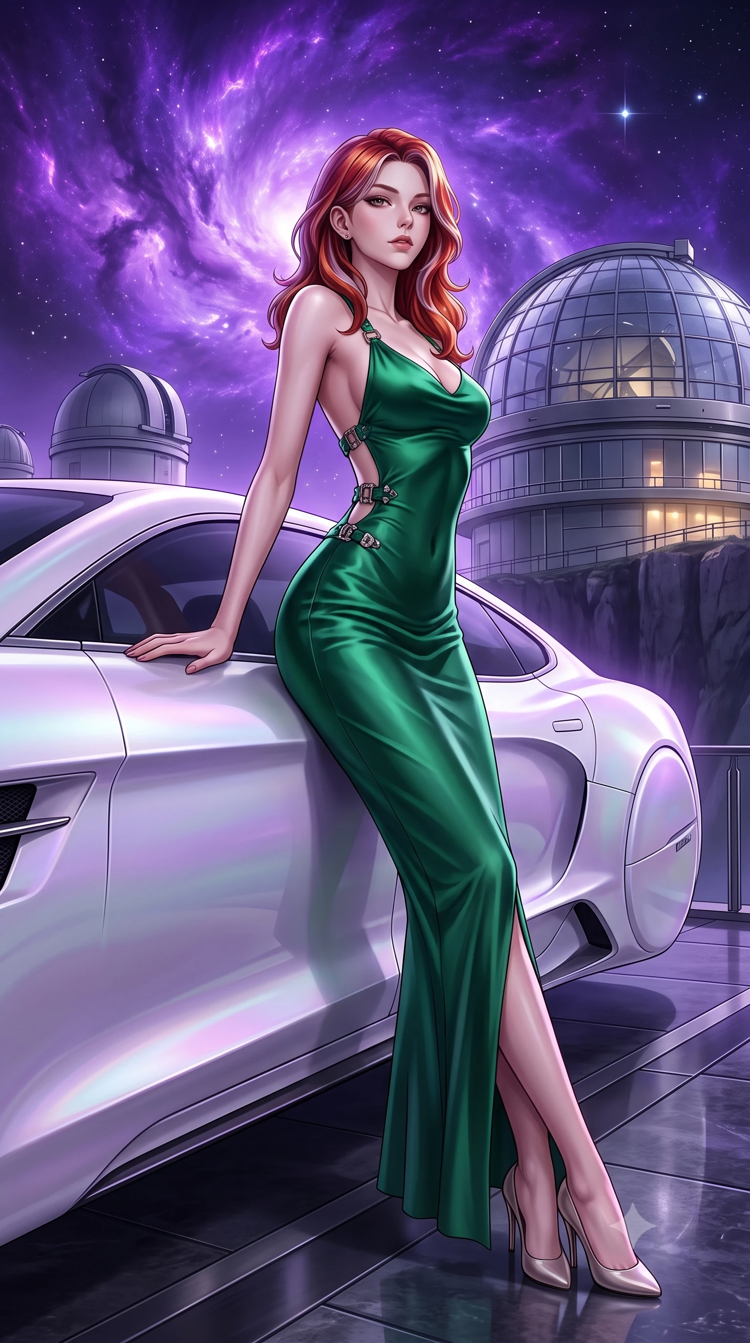 score_9, masterpiece, best quality, ultra-detailed, High-budget Anime Keyframe, Caucasian woman, strictly human ears. Dynamic full-body shot stretching the vertical silhouette to the limit. Scenario 441: leaning against a sleek white hover-limousine by a high-altitude observatory dome under a swirling violet nebula. Her presence is magnetic and overpowering in this high-budget anime scene. Outfit 441: a tailored emerald green liquid silk slip dress with a dramatic backless design and metallic buckles. The clothing is designed to emphasize her exceptionally tall and slender 8-heads proportion. 8-heads proportion, towering silhouette, ultra-slim waist. sharp v-shaped jawline, intricate jewel-like eyes with depth, thick eyelashes, glossy lips. 2k, ultra detail, master piece, 9:16 ratio