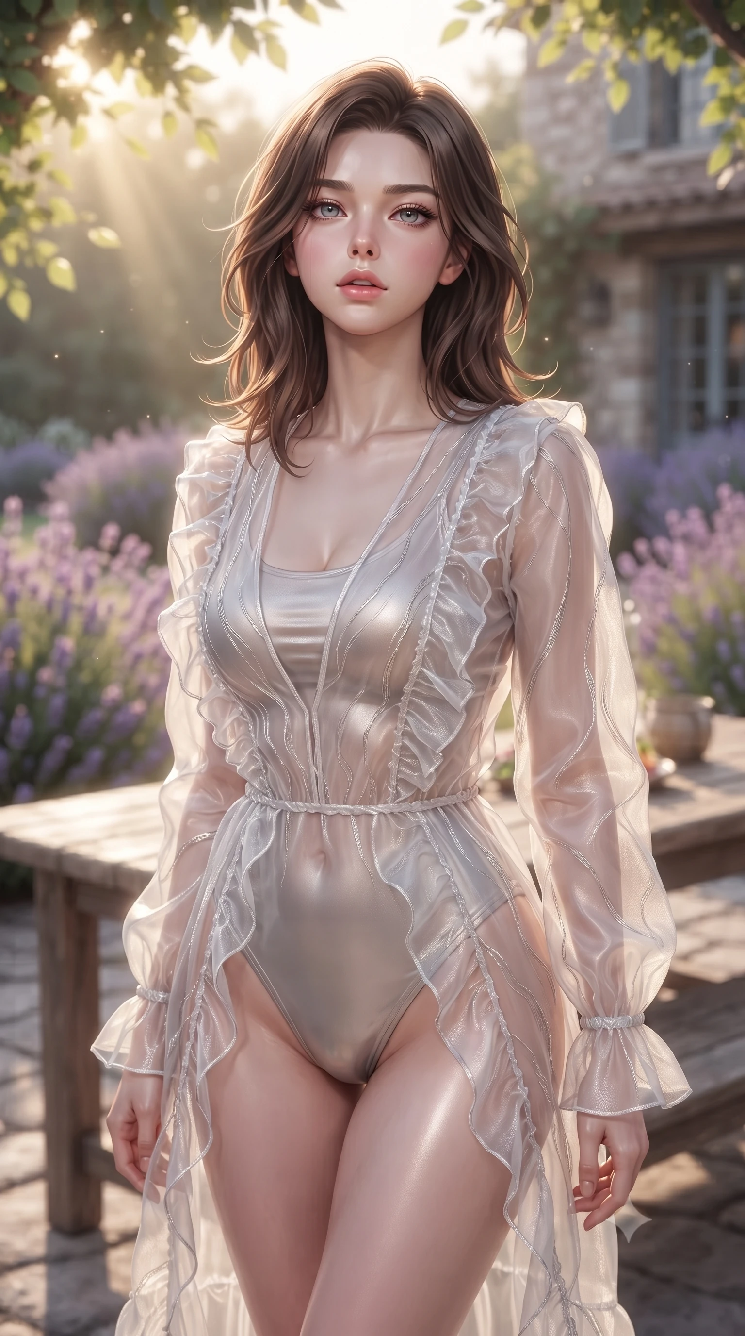 score_9, masterpiece, best quality, ultra-detailed, high-budget anime keyframe, editorial fashion photography, tasteful artistic composition, Korean woman woman. close-up cowboy shot from the waist and thighs up, the character dominates the composition, filling the frame with her large presence, background elements kept in soft focus. tilting her chin up slightly with lips parted in a composed, provocative expression the background shows a soft-focus a lavender-lined stone patio of a private country house, with a rustic wooden table. She has an exceptionally elegant, slender, and willowy female figure with an ultra-slim waist, a gracefully sculpted slender torso, and a refined silhouette. sharp v-shaped jawline, high-bridge nose, intricate jewel-like eyes with depth, thick eyelashes, glossy lips with a natural sheen. wearing a form-contouring sheer white organza resort cover-up worn over a form-fitting one-piece swimsuit, showing her elegant clavicle lines. soft golden afternoon sunbeams, casting a peaceful country glow. ultra-reflective glossy finish, specular highlights, metallic sheen, high-contrast stereoscopic depth, volumetric dynamic lighting, 2k, ultra detail, master piece, 9:16 ratio