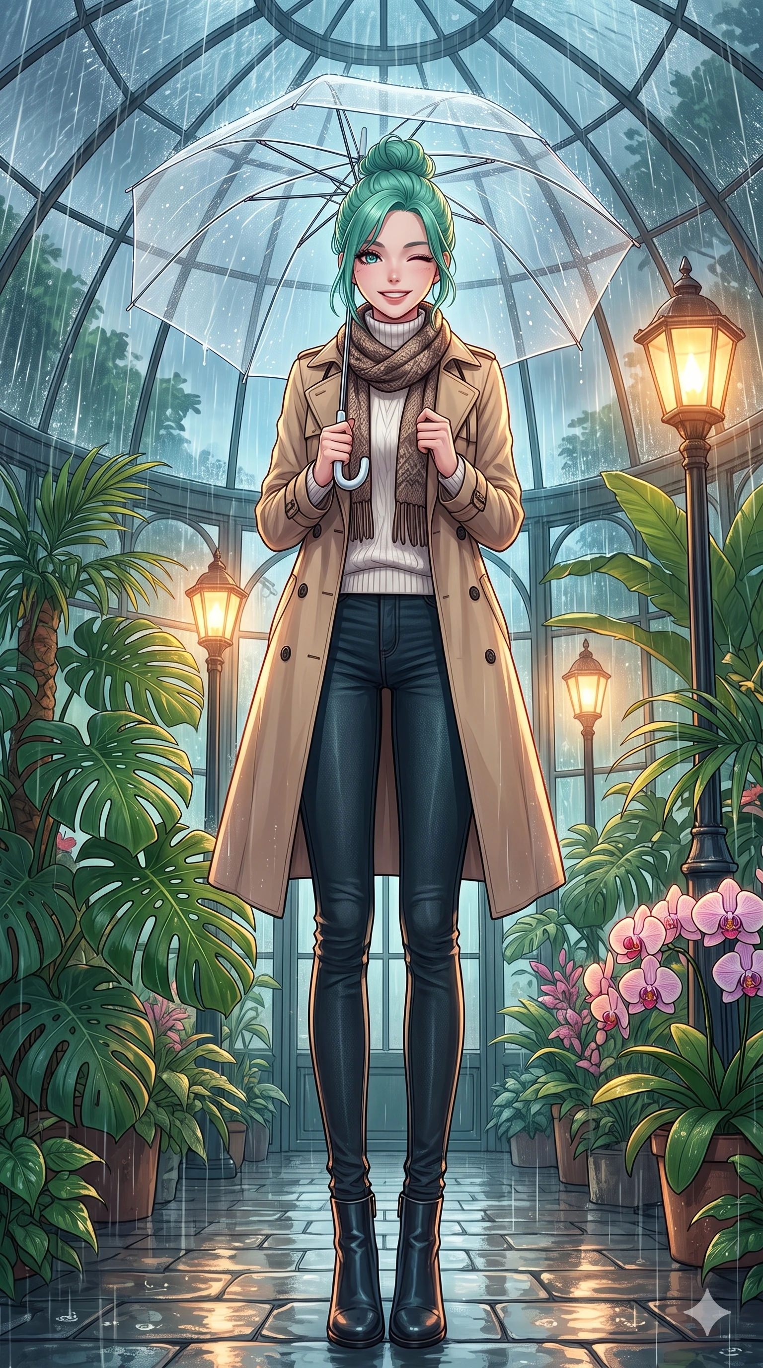 score_9, masterpiece, best quality, ultra-detailed, high-budget anime keyframe, vibrant anime aesthetic, Japanese woman. low angle full-body shot from head to toe showing her feet, filling the entire 9:16 vertical frame with her statuesque presence, stretching her vertical silhouette. She is standing under a clear umbrella, winking playfully with a delightful smile, looking directly into the lens with a gentle tilt of her head. inside a glass greenhouse dome filled with tropical monstera and orchids, with heavy rain pouring outside on the glass panels (Code-P22-001). She has an absolutely perfect 8-heads proportion, an exceptionally tall and slender female figure with impossibly long slender legs and an ultra-slim waist. V-shaped jawline, high-bridge nose, intricate jewel-like eyes with depth, thick eyelashes, glossy lips with a natural sheen. wearing a classic beige trench coat over a white turtleneck sweater and dark skinny jeans with a knitted scarf. She is illuminated by warm gaslight street lamps, casting soft reflections on wet pavements, outlining her perfect 8-heads proportion in the rainy afternoon. 2k, ultra detail, master piece, 9:16 ratio