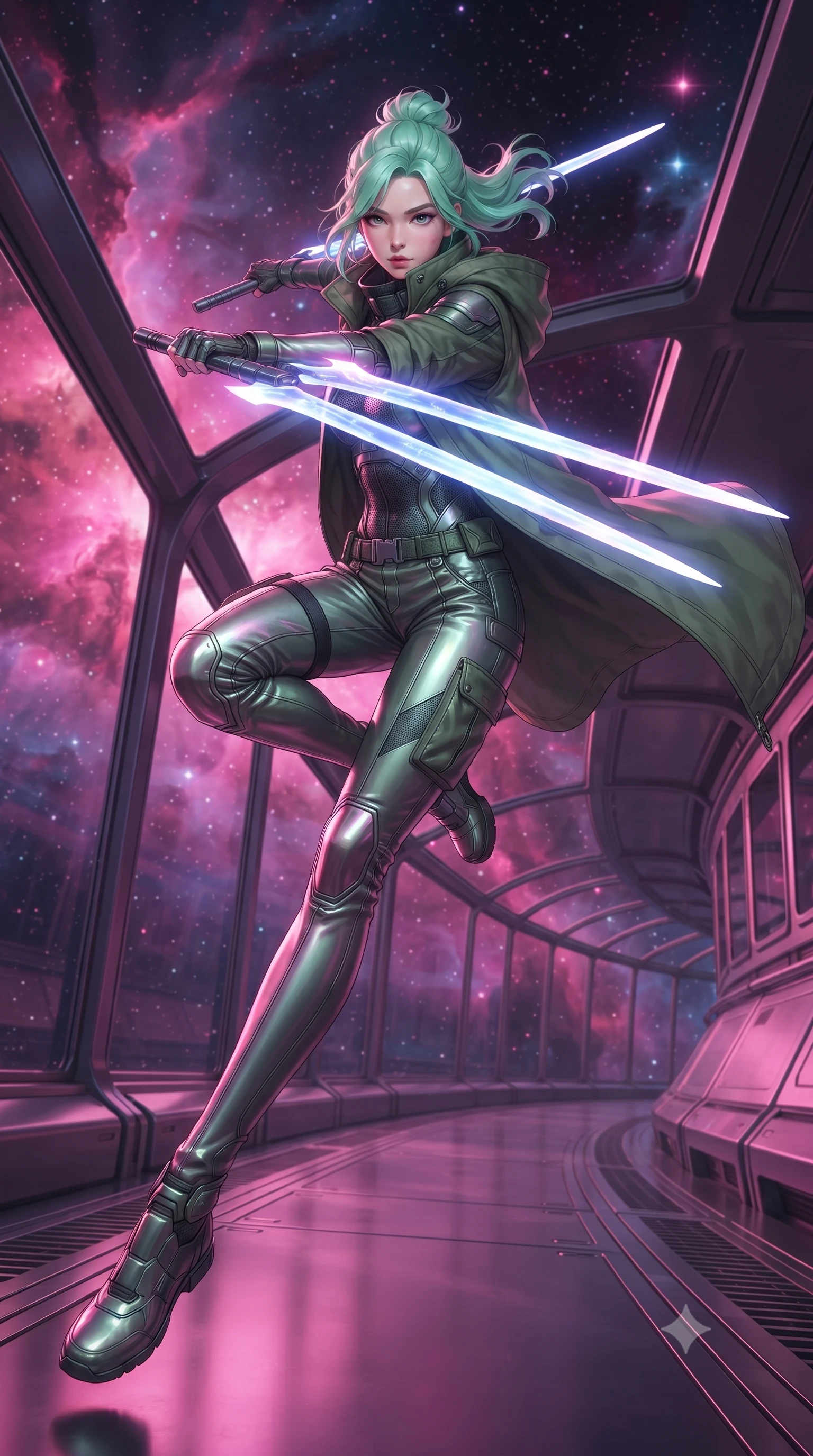 score_9, masterpiece, best quality, ultra-detailed, high-budget anime keyframe, editorial fashion photography, tasteful artistic composition, Japanese woman. low angle full-body shot from head to toe showing her feet, filling the entire 9:16 vertical frame with her statuesque presence, stretching her vertical silhouette. leaping forward while slashing with a twin-bladed plasma sword in mid-air, her body-contouring suit showing her athletic silhouette, the background shows a soft-focus a rail observation deck train lounge winding through a cosmic nebula in space. She has an absolutely perfect, statuesque 8.5-heads proportion, an exceptionally tall and slender model-like female figure with impossibly long slender legs and an ultra-slim waist. sharp v-shaped jawline, high-bridge nose, intricate jewel-like eyes with depth, thick eyelashes, glossy lips with a natural sheen. wearing a body-hugging tactical combat cloak in muted green cotton, draped over a high-collar carbon-weave under-armor suit and cargo pants. glass train lounges catching the pink and purple hues of nebula light. ultra-reflective glossy finish, specular highlights, metallic sheen, high-contrast stereoscopic depth, volumetric dynamic lighting, 2k, ultra detail, master piece, 9:16 ratio