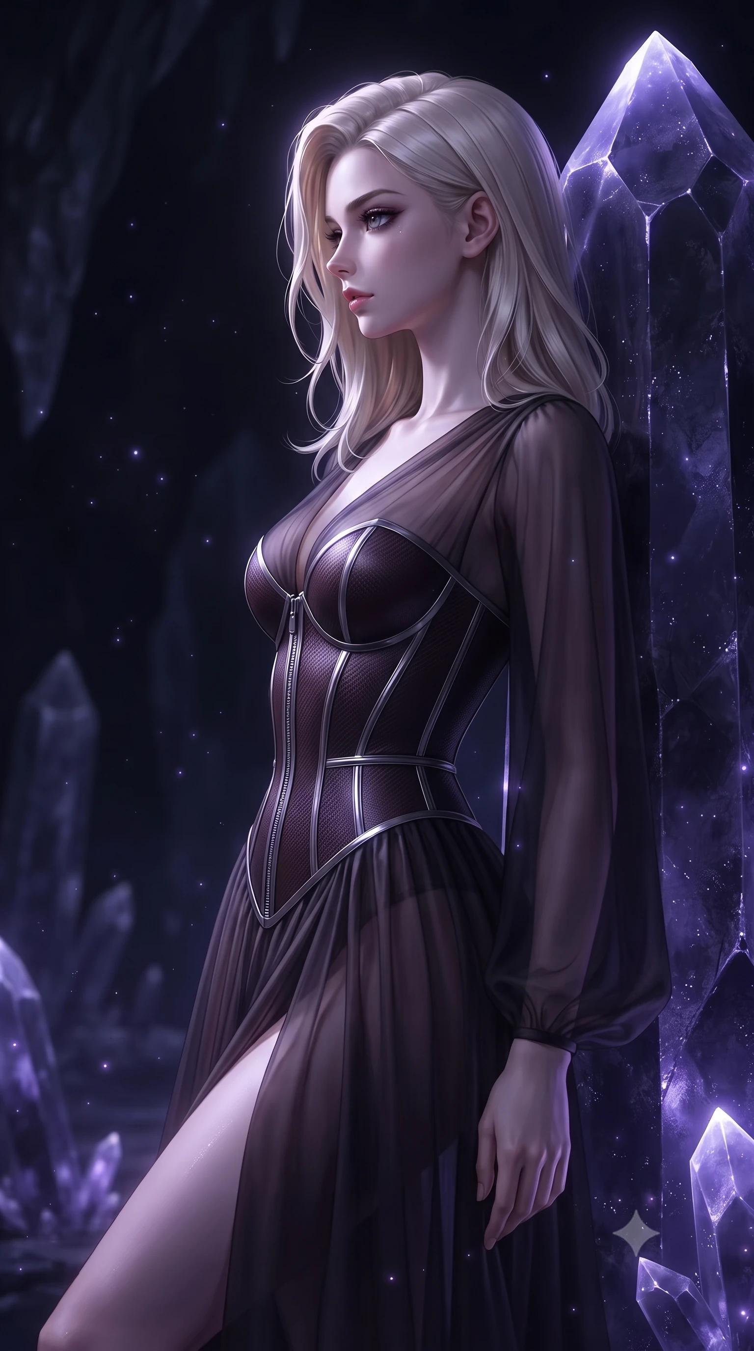 score_9, masterpiece, best quality, ultra-detailed, high-budget anime keyframe, editorial fashion photography, tasteful artistic composition, Caucasian woman. close-up cowboy shot from the waist and thighs up, the character dominates the composition, filling the frame with her large presence, background elements kept in soft focus. Turning her face in sharp dramatic profile against the moody key light, resting against a colossal dark crystal monolith in a silent pitch-black cavern, fine violet bioluminescent dust floating in pitch-black air. She has an exceptionally elegant, slender, and willowy female figure with an ultra-slim waist, a gracefully sculpted slender torso, and a refined silhouette. sharp v-shaped jawline, high-bridge nose, intricate jewel-like eyes with depth, thick eyelashes, glossy lips with a natural sheen. wearing semi-opaque sheer dark chiffon gown revealing structured bodice silhouette in dark mahogany, made of matte carbon-fiber weave, finished with metallic silver boning and sleek zipper points, highlighting her statuesque proportions and ultra-slim waistline. illuminated by bioluminescent dark violet crystal glow piercing deep abyssal shadows. ultra-reflective glossy finish, specular highlights, metallic sheen, high-contrast stereoscopic depth, volumetric dynamic lighting, 2k, ultra detail, master piece, 9:16 ratio