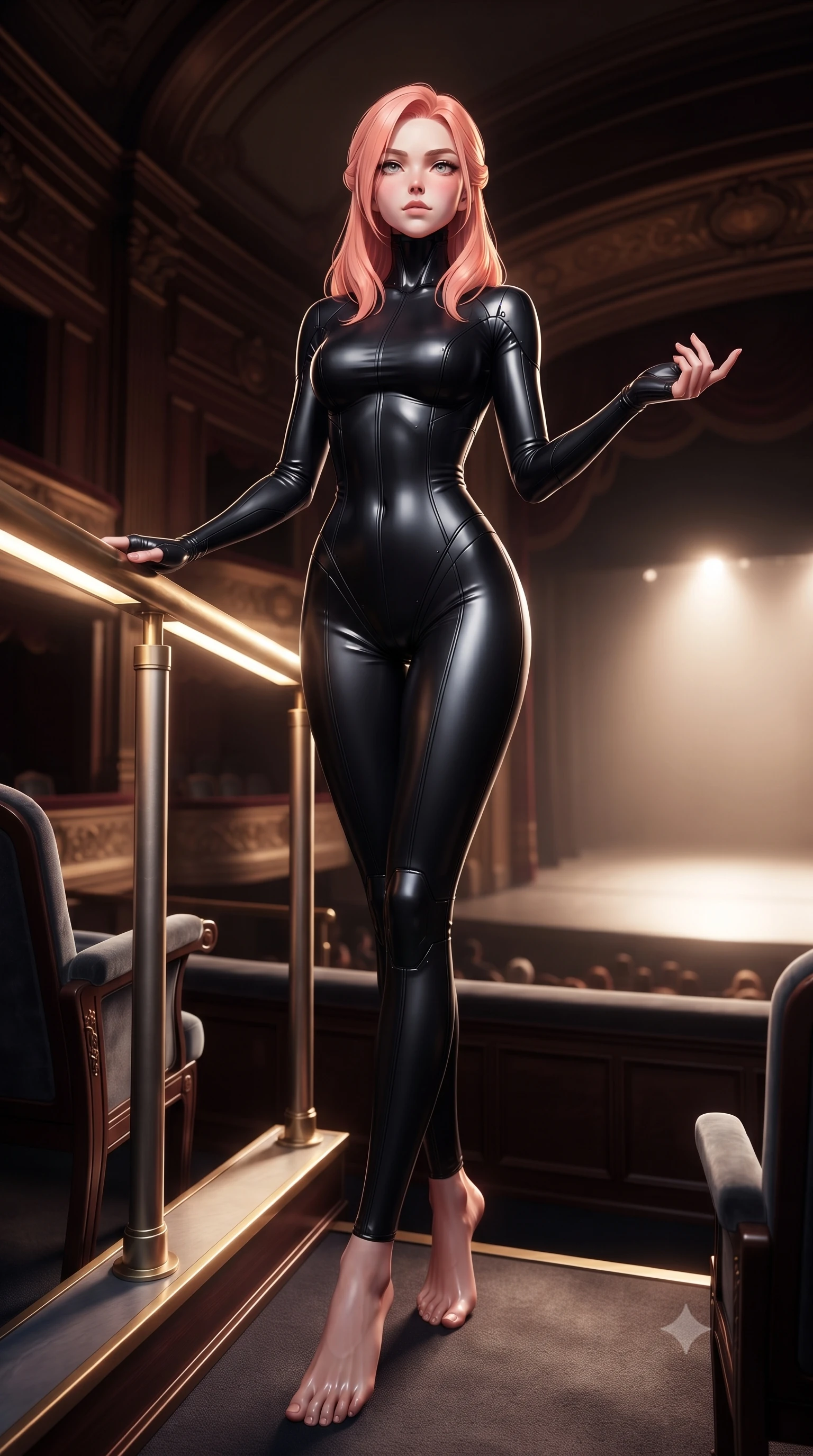 score_9, masterpiece, best quality, ultra-detailed, high-budget anime keyframe, editorial fashion photography, tasteful artistic composition, Japanese woman. low angle full-body shot from head to toe showing her feet, filling the entire 9:16 vertical frame with her statuesque presence, stretching her vertical silhouette. standing in a tall, confident posture with one hand on a glowing metal railing, stretching her statuesque body, the background shows a soft-focus an intimate opera box seating with plush velvet chairs facing a glowing stage. She has an absolutely perfect, statuesque 8.5-heads proportion, an exceptionally tall and slender model-like female figure with impossibly long slender legs and an ultra-slim waist. sharp v-shaped jawline, high-bridge nose, intricate jewel-like eyes with depth, thick eyelashes, glossy lips with a natural sheen. wearing a form-contouring form-fitting cybernetic combat suit in matte black latex, tracing her willowy silhouette with a high neck. dramatic theater stage lights casting a bright key light and deep shadows on her. ultra-reflective glossy finish, specular highlights, metallic sheen, high-contrast stereoscopic depth, volumetric dynamic lighting, 2k, ultra detail, master piece, 9:16 ratio