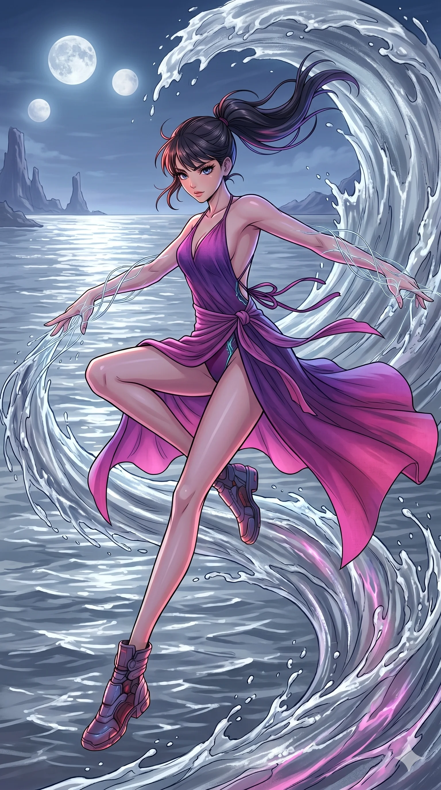 score_9, masterpiece, best quality, ultra-detailed, high-budget anime movie keyframe, cinematic anime lighting, intricate line art, Caucasian (strictly human ears) woman. Mid-air action shot capturing a graceful twist and vertical silhouette. commanding the tides of a silver ocean under three moons. She has an absolutely perfect 8-heads proportion, an exceptionally tall and slender female figure with graceful and slender proportions. strictly human anatomy, two legs only, no extra limbs, clearly defined legs and arms, perfect anatomy, perfect hands and fingers. sharp v-shaped jawline, high-bridge nose, intricate jewel-like eyes, thick eyelashes, glossy lips. Wearing Seasonal/Resort: Elegant one-piece with sarong, linen sundress with tie-back, and light fabric wrap. The scene is illuminated by dramatic atmospheric lighting and vibrant color palettes. , 2k, ultra detail, master piece, 9:16 ratio