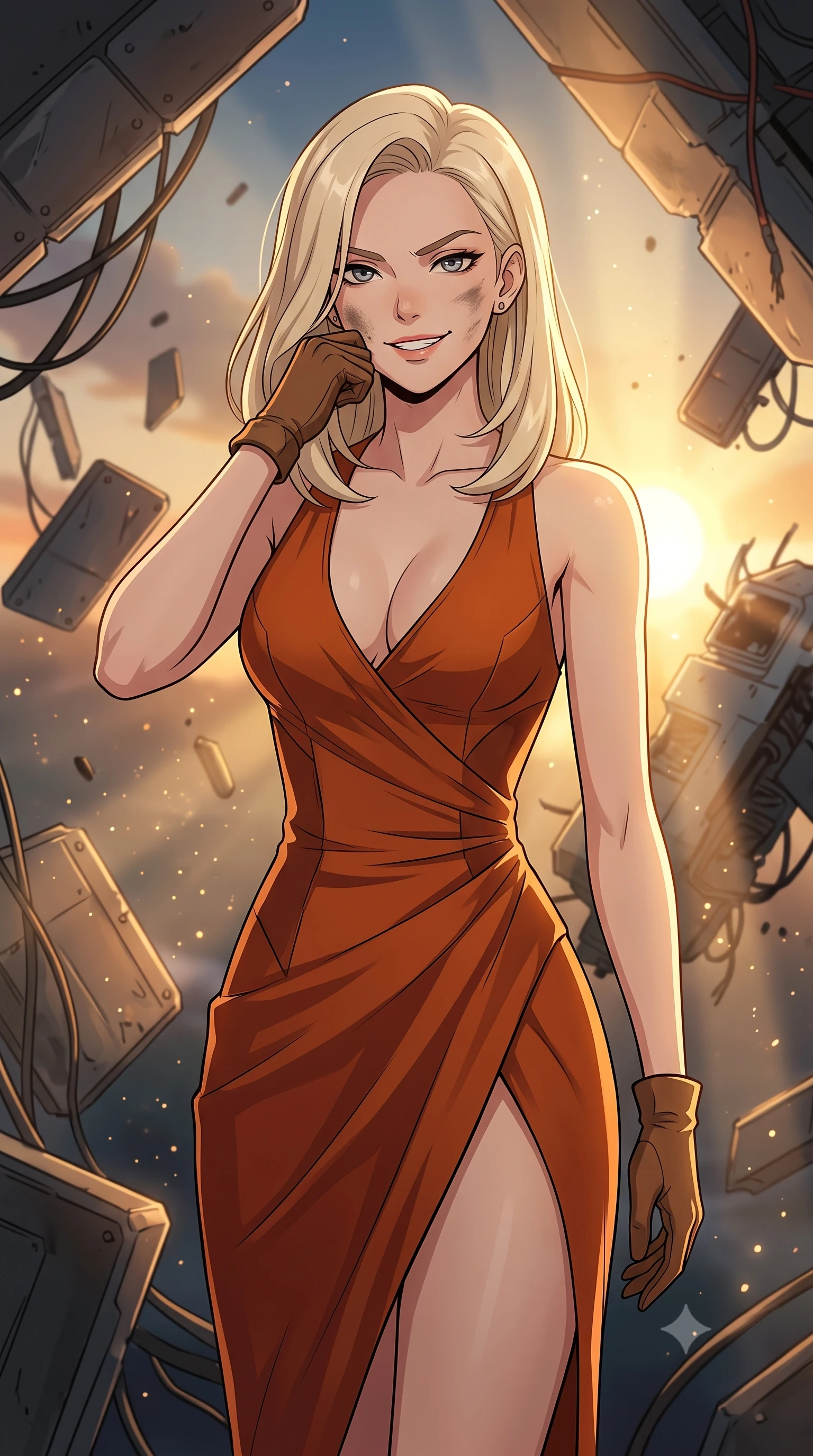 score_9, masterpiece, best quality, ultra-detailed, high-budget anime keyframe, clean line-art, cel-shading, Caucasian woman, strictly human ears. close-up cowboy shot from the waist and thighs up, the character dominates the composition, filling the frame with her large presence, background elements kept in soft focus. Wiping a smudge of dust from her cheek with a confident, defiant grin. set against a soft-focus background of a space junk repository where heavy metal plates, wires, and broken hulls float and collide in zero gravity. She has an exceptionally elegant and slender, willowy female figure with an ultra-slim waist, a gracefully sculpted slender torso, and a refined slim physique. sharp v-shaped jawline, high-bridge nose, intricate jewel-like eyes with depth, thick eyelashes, glossy lips with a natural sheen. wearing tailored for maximum mobility, sleek form-contouring panels that allow fluid movement, a form-contouring asymmetric wrap-front dress in burnt orange, featuring a deep neckline and a thigh slit. golden hour sunlight streaming in warm shafts with floating dust particles catching the light. highly saturated vibrant anime colors, intense vivid color palette, volumetric dynamic lighting, 2k, ultra detail, master piece, 9:16 ratio