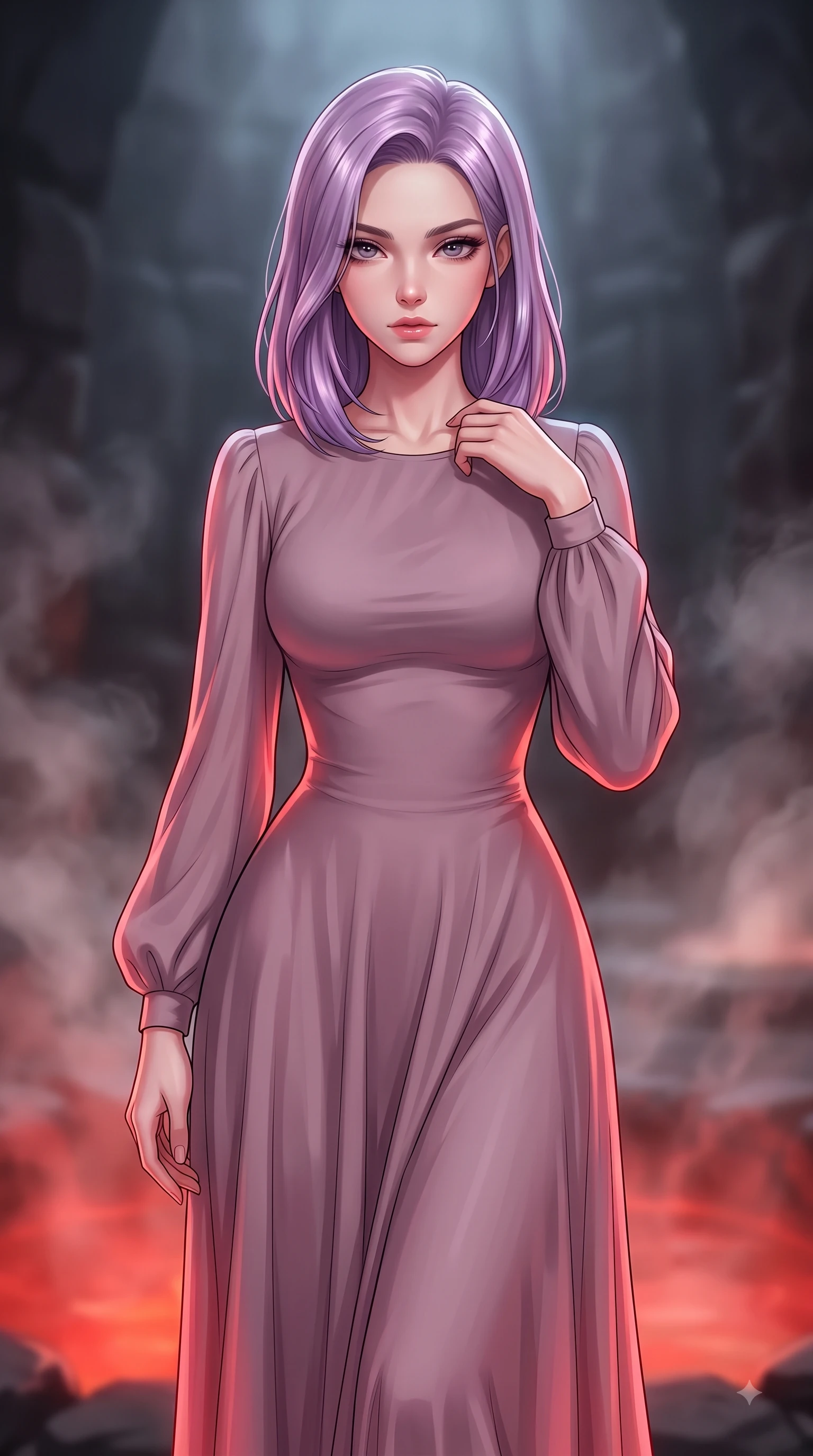 score_9, masterpiece, best quality, ultra-detailed, high-budget anime keyframe, editorial fashion photography, tasteful artistic composition, Caucasian woman woman. close-up cowboy shot from the waist and thighs up, the character dominates the composition, filling the frame with her large presence, background elements kept in soft focus. She has an exceptionally elegant, slender, and willowy female figure with an ultra-slim waist, a gracefully sculpted slender torso, and a refined silhouette. casting a slow, direct gaze beneath heavy lashes with magnetic intensity, flawlessly proportioned anatomical accuracy, natural body alignment, perfectly sculpted elegant limbs, clean dynamic posture without body distortion. set against a soft-focus background of a dark basalt thermal bath chamber with rising mineral steam. wearing a serene dusty mauve chiffon maxi dress with long bishop sleeves. bathed in warm crimson furnace glow from below contrasting with cool top ambient light. highly saturated vibrant anime colors, detailed shading with soft gradients, rich glossy textures, high-contrast stereoscopic depth, volumetric dynamic lighting, master piece, 9:16 ratio