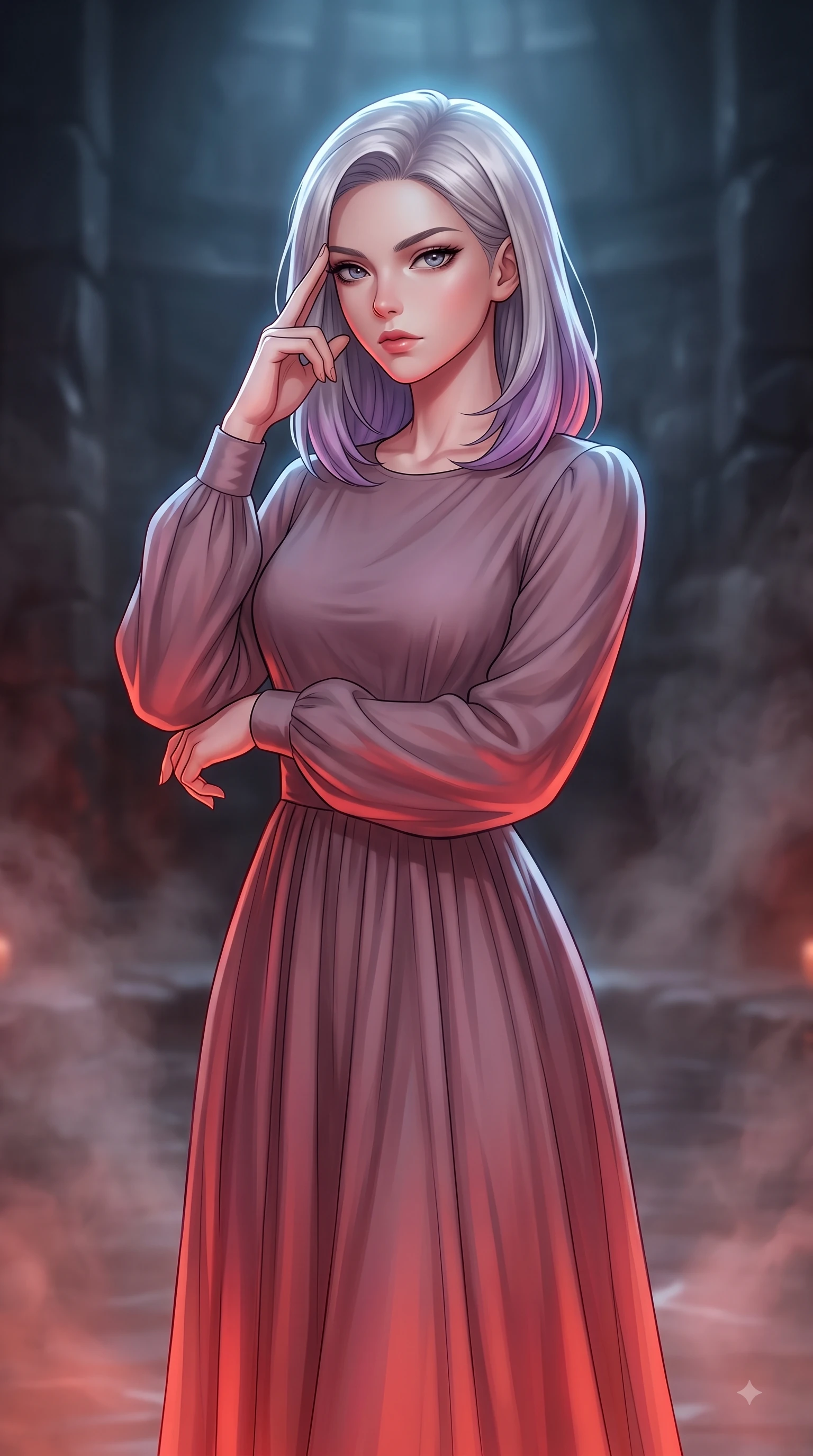 score_9, masterpiece, best quality, ultra-detailed, high-budget anime keyframe, editorial fashion photography, tasteful artistic composition, Caucasian woman woman. close-up cowboy shot from the waist and thighs up, the character dominates the composition, filling the frame with her large presence, background elements kept in soft focus. She has an exceptionally elegant, slender, and willowy female figure with an ultra-slim waist, a gracefully sculpted slender torso, and a refined silhouette. pressing two fingers to her temple in a composed gesture, gazing past the camera with sharp focus, flawlessly proportioned anatomical accuracy, natural body alignment, perfectly sculpted elegant limbs, clean dynamic posture without body distortion. set against a soft-focus background of a dark basalt thermal bath chamber with rising mineral steam. wearing a serene dusty mauve chiffon maxi dress with long bishop sleeves. bathed in warm crimson furnace glow from below contrasting with cool top ambient light. highly saturated vibrant anime colors, detailed shading with soft gradients, rich glossy textures, high-contrast stereoscopic depth, volumetric dynamic lighting, master piece, 9:16 ratio