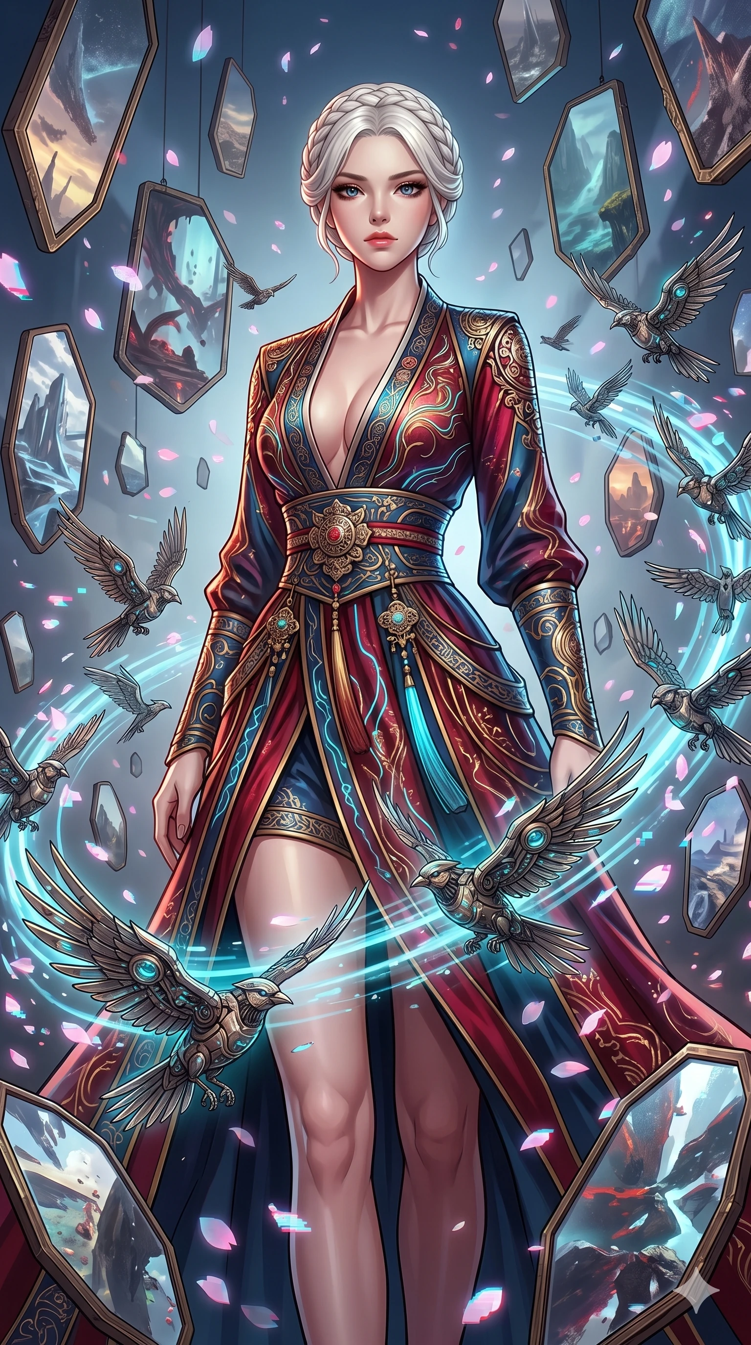 score_9, masterpiece, best quality, ultra-detailed, Set A: High-budget Anime Keyframe, Korean woman. Low angle cowboy shot filling the entire 9:16 frame with her statuesque presence. Standing victoriously through a dimension of floating mirrors, surrounded by a whirlwind of 82 mechanical birds and surrounded by digital sakura petals. She has an absolutely perfect 8-heads proportion, an exceptionally tall and slender female figure with impossibly long slender legs and an ultra-slim waist. Sharp v-shaped jawline, high-bridge nose, intricate jewel-like eyes with depth, thick eyelashes, glossy lips with a natural sheen. Wearing Deep-plunging silk cyber-hanbok with metallic traditional ornaments and glowing fiber-optic embroidery. Cinematic lighting, vibrant colors, dramatic shadows, 2k, ultra detail, master piece, 9:16 ratio