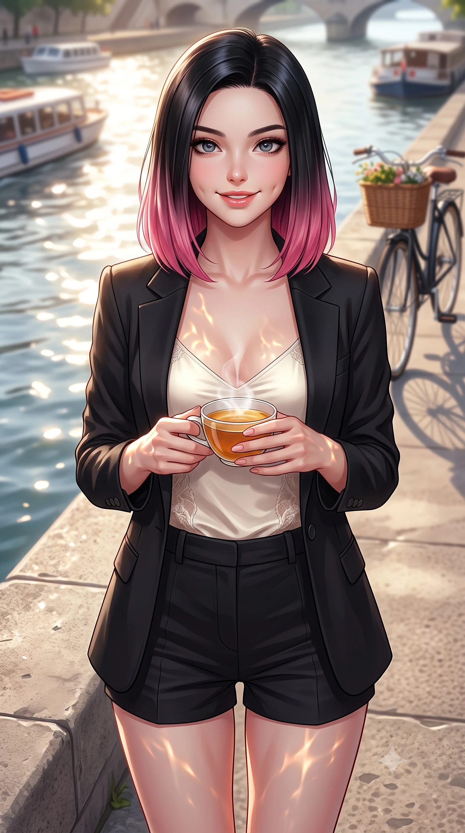 score_9, masterpiece, best quality, ultra-detailed, high-budget anime keyframe, editorial fashion photography, tasteful artistic composition, Korean woman. close-up cowboy shot from the waist and thighs up, the character dominates the composition, filling the frame with her large presence, background elements kept in soft focus. smiling with soft, cute dimples, holding a warm cup of tea with both hands set against a soft-focus background of on a concrete river embankment overlooking passing leisure boats with a bicycle and a wicker basket parked on the path behind her. She has an exceptionally elegant, slender, and willowy female figure with an ultra-slim waist, a gracefully sculpted slender torso, and a refined silhouette. sharp v-shaped jawline, high-bridge nose, intricate jewel-like eyes with depth, thick eyelashes, glossy lips with a natural sheen. wearing form-contouring delicate silk camisole with lace panels and a tailored blazer worn open over form-contouring shorts. bright daylight reflecting off the water, casting shifting ripples on her skin. highly saturated vibrant anime colors, detailed shading with soft gradients, rich glossy textures, high-contrast stereoscopic depth, volumetric dynamic lighting, master piece, 9:16 ratio