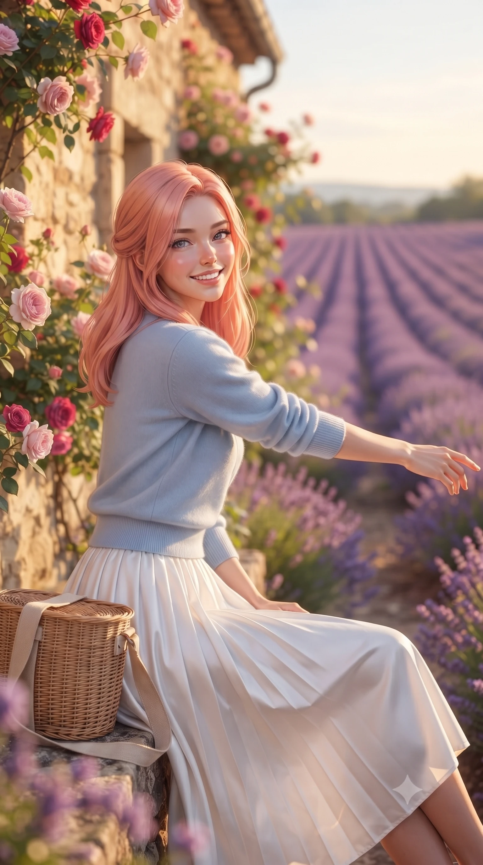 score_9, masterpiece, best quality, ultra-detailed, high-budget anime keyframe, editorial fashion photography, tasteful artistic composition, Japanese woman. close-up cowboy shot from the waist and thighs up, the character dominates the composition, filling the frame with her large presence. extending one arm gracefully toward the scenery while turning back with an infectious, heartwarming smile while sitting beside a charming historic French stone cottage covered in climbing roses, smiling warmly at the camera. The composition keeps background elements in soft focus with creamy bokeh. endless rolling purple lavender fields and vintage stone cottage walls blurred into dreamy violet and golden bokeh. She has an exceptionally elegant, slender, and willowy female figure with an ultra-slim waist, a gracefully sculpted slender torso, toned flat midriff, and a refined slim silhouette. sharp v-shaped jawline, high-bridge nose, intricate jewel-like eyes with depth, thick eyelashes, glossy lips with a natural sheen, pure and lovely fresh girlhood expression, flawlessly proportioned anatomical accuracy, strict slender model proportions, natural body alignment, perfectly sculpted long slender limbs, ultra-slim waistline, clean dynamic posture without body distortion. wearing an elegant soft cashmere wrap sweater paired with a flowing pleated satin midi skirt in gentle baby blue and cloud white, tailored from crisp organic cotton poplin, accessorized with a rustic woven wicker bag and canvas strap, the chic real-way fashion cut emphasizing her effortless charm, flat midriff, and slender model proportions. bathed in warm golden hour sunlight casting long romantic shadows across the purple lavender rows. ultra-reflective glossy finish, specular highlights, rich natural textures, high-contrast stereoscopic depth, volumetric dynamic lighting, 2k, ultra detail, master piece, 9:16 ratio