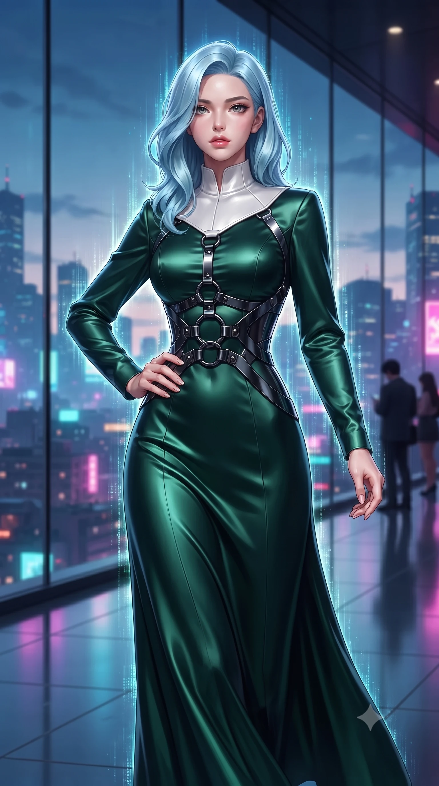 score_9, masterpiece, best quality, ultra-detailed, high-budget anime keyframe, editorial fashion photography, tasteful artistic composition, Korean woman. close-up cowboy shot from the waist and thighs up, the character dominates the composition, filling the frame with her large presence, background elements kept in soft focus. Holding a confident power pose with one hand on her hip, walking past a panoramic glass wall looking out over a neon Cyber-Tokyo skyline, ultra-modern futuristic luxury fashion composition. She has an exceptionally elegant, slender, and willowy female figure with an ultra-slim waist, a gracefully sculpted slender torso, and a refined silhouette. sharp v-shaped jawline, high-bridge nose, intricate jewel-like eyes with depth, thick eyelashes, glossy lips with a natural sheen. wearing long-sleeved dark emerald satin gown with high structured collar in pearl white, made of sculpted obsidian metallic chrome, trimmed with dark chrome ring hardware along the waist contours, sculpting her athletic slender build with refined precision. surrounded by a glowing matrix aura with sharp edge highlights. highly saturated vibrant anime colors, detailed shading with soft gradients, rich glossy textures, high-contrast stereoscopic depth, volumetric dynamic lighting, master piece, 9:16 ratio