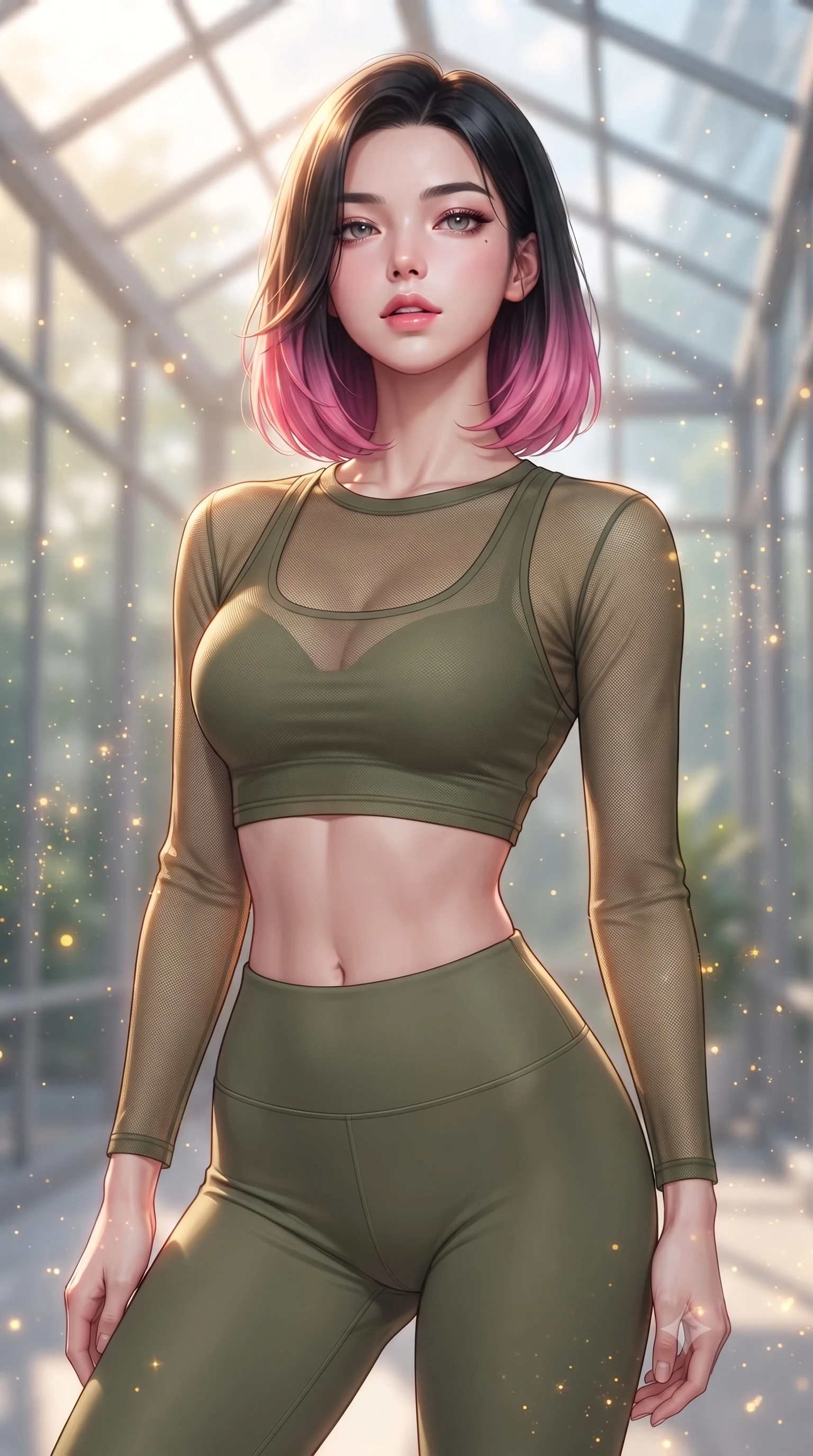 score_9, masterpiece, best quality, ultra-detailed, high-budget anime keyframe, editorial fashion photography, tasteful artistic composition, Korean woman. close-up cowboy shot from the waist and thighs up, the character dominates the composition, filling the frame with her large presence, background elements kept in soft focus. tilting her chin up slightly with lips parted in a composed, provocative expression the background shows a soft-focus a floating glass veranda surrounded by drifting golden stardust particles. She has an exceptionally elegant, slender, and willowy female figure with an ultra-slim waist, a gracefully sculpted slender torso, and a refined silhouette. sharp v-shaped jawline, high-bridge nose, intricate jewel-like eyes with depth, thick eyelashes, glossy lips with a natural sheen. wearing a form-contouring sheer mesh long-sleeve crop top in olive green, worn over a matching sports bra and leggings. warm golden stardust light casting glowing highlights on her hair and outfit. highly saturated vibrant anime colors, detailed shading with soft gradients, rich glossy textures, high-contrast stereoscopic depth, volumetric dynamic lighting, master piece, 9:16 ratio